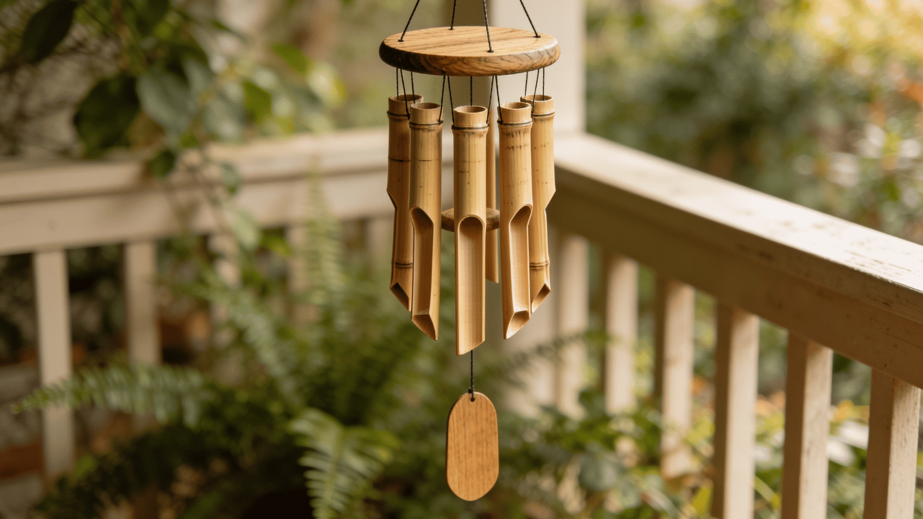 Handmade bamboo wind chime with angled tubes and a wooden clapper hanging on a deck