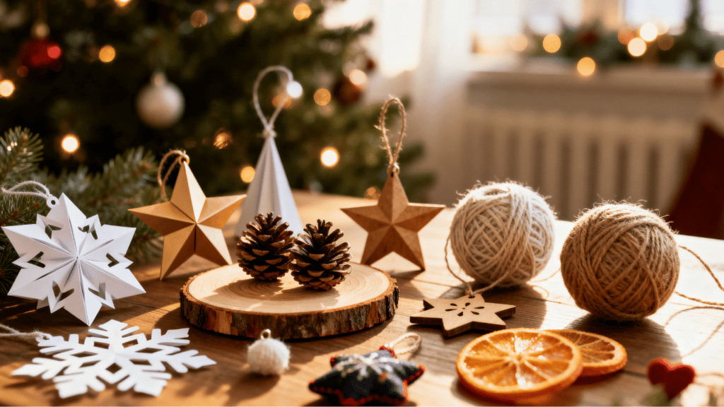 handmade christmas ornaments on table with paper snowflakes stars pinecones yarn balls and dried orange slices cozy blurred tree lights background