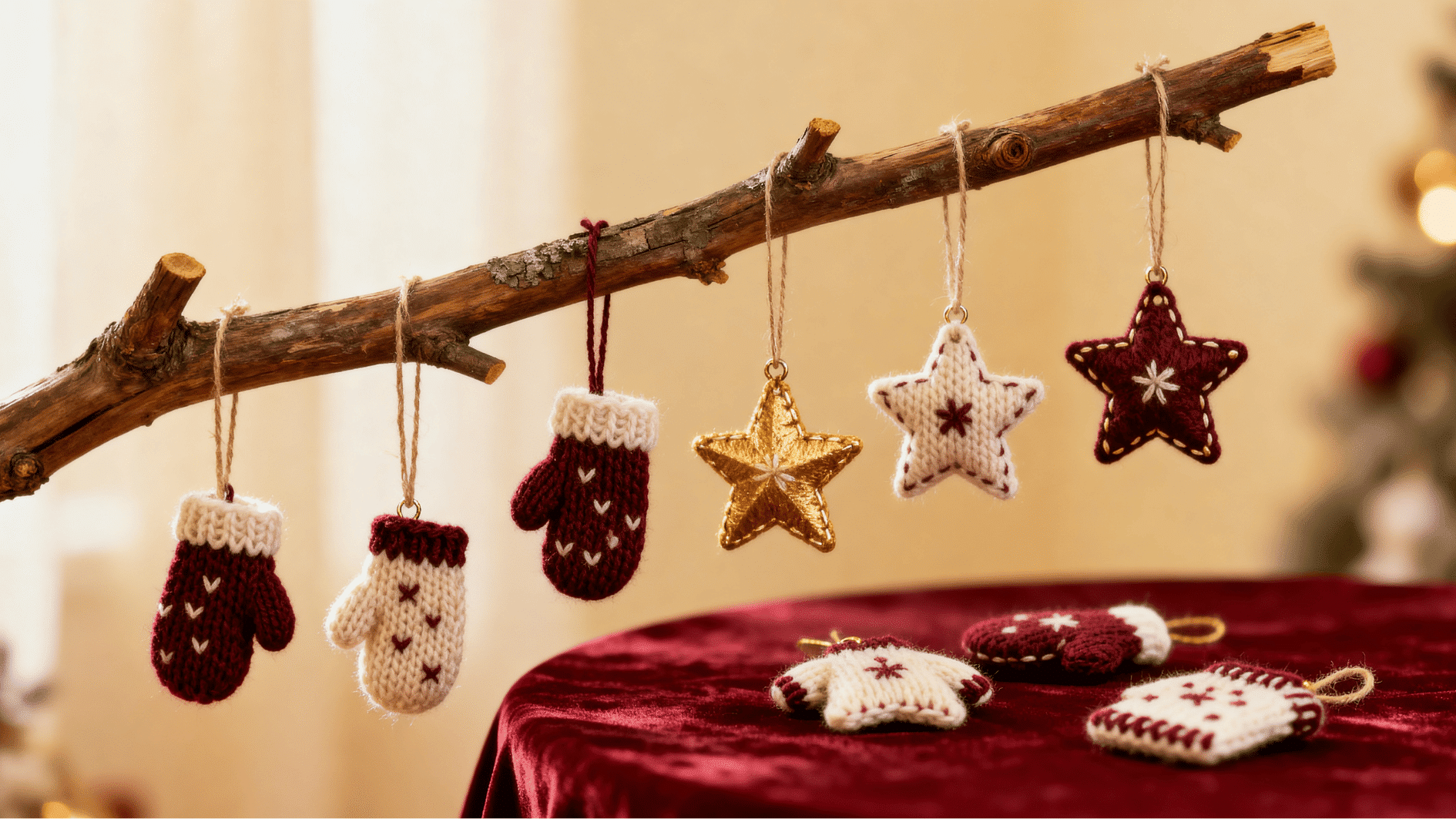 handmade knitted christmas ornaments including mittens and stars hanging from branch over red velvet table with festive lights