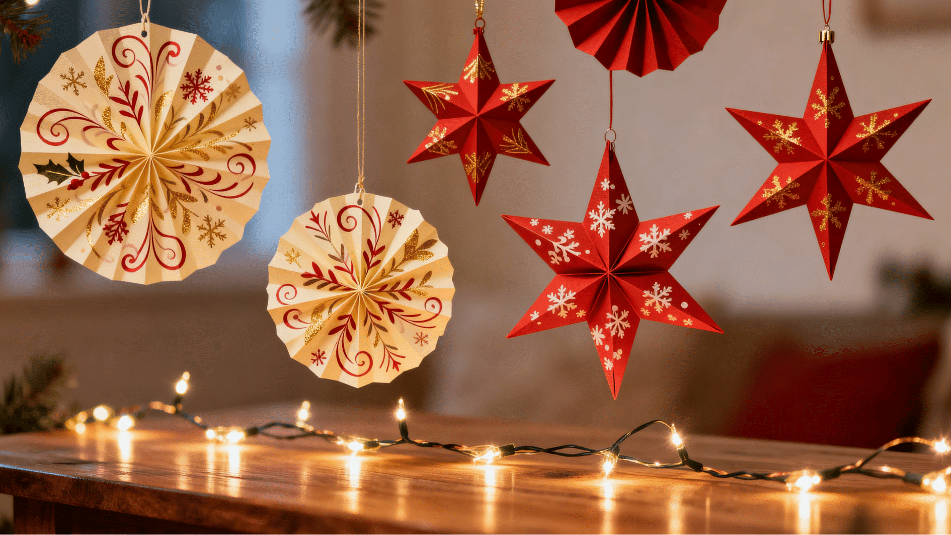 handmade red folded paper star ornaments hanging with gold accents in cozy christmas interior with warm bokeh lights