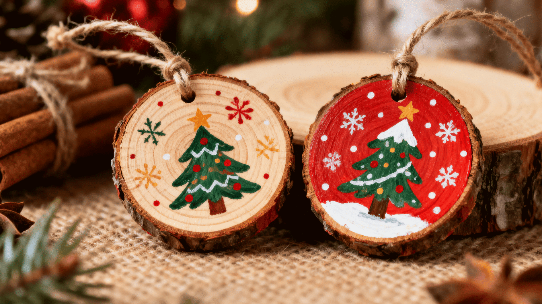 handmade wooden slice ornaments painted with christmas trees and snowflakes hanging on rustic wooden background with warm lights