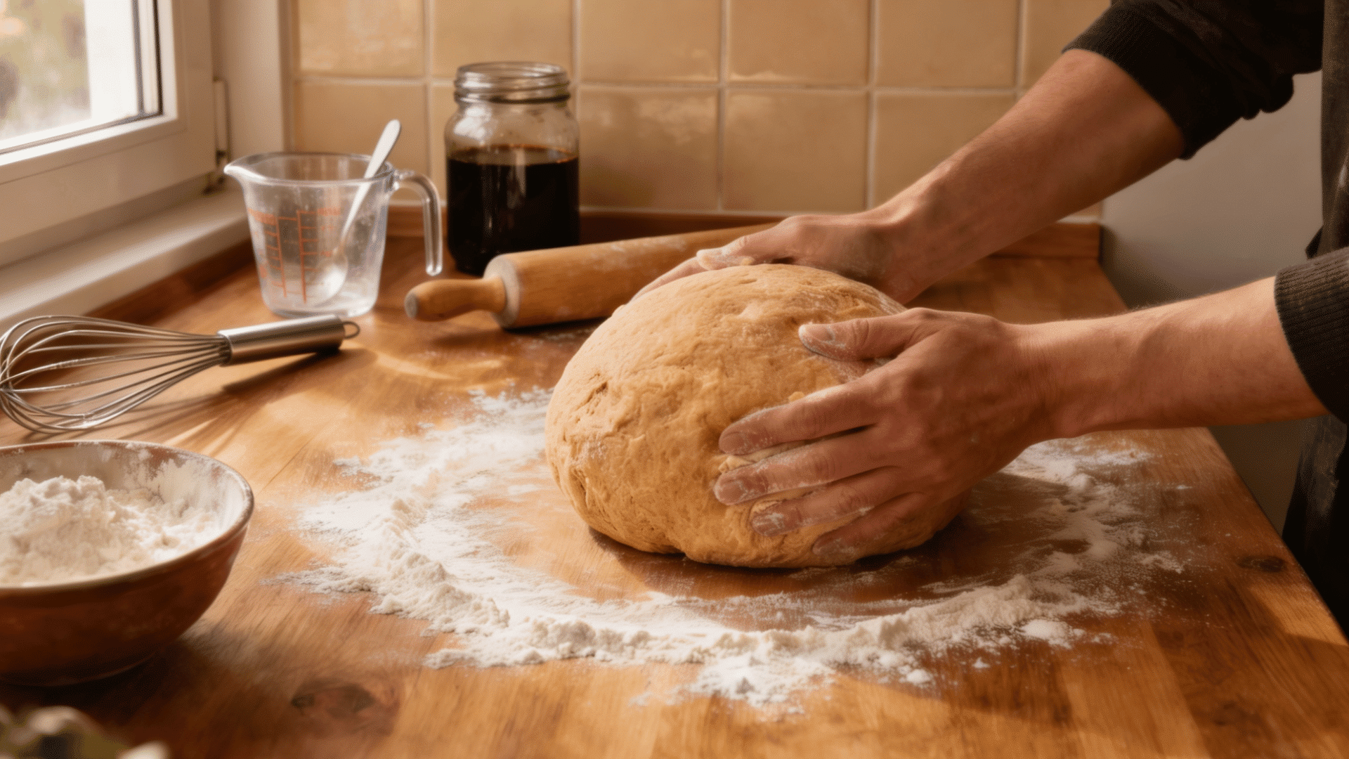 hands kneading soft dough on wooden kitchen counter with flour dust rolling pin and baking tools in warm sunlight