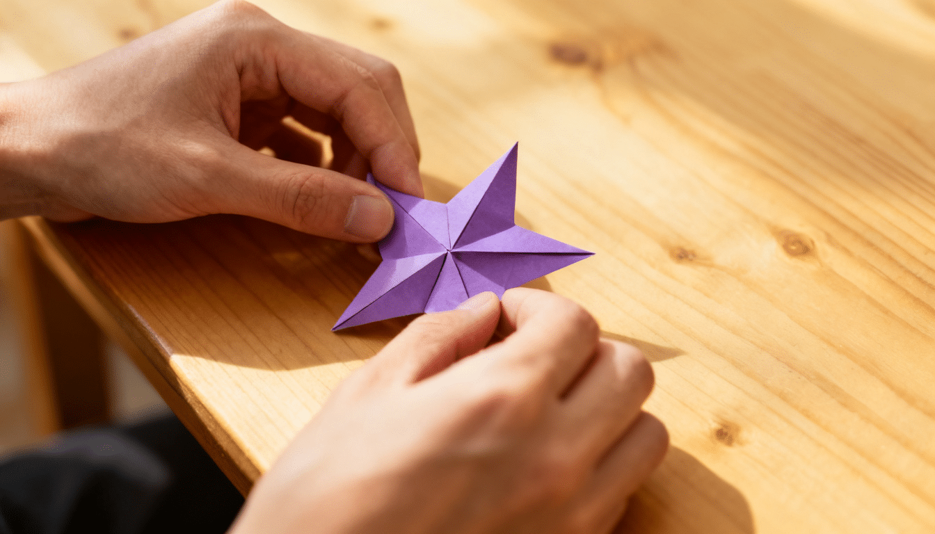 hands making final adjustments to a purple paper star, pressing folds and refining points on a wooden craft table in natural light