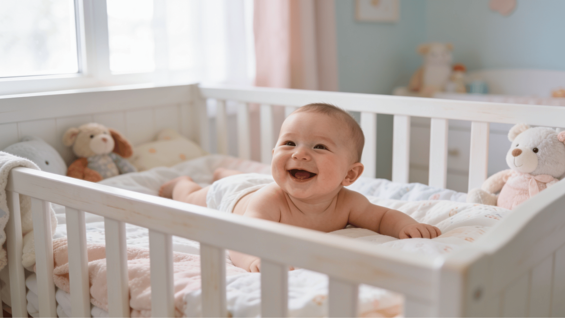 happy baby lying in crib smiling and looking upward in cozy nursery with soft natural daylight warma toys calm
