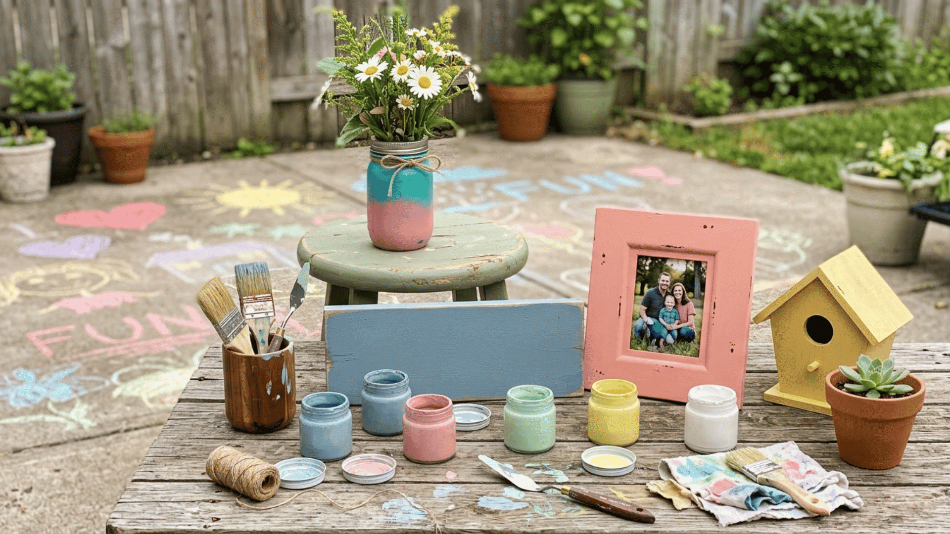 homemade chalk paint projects with painted jars wooden signs furniture and colorful craft ideas on table