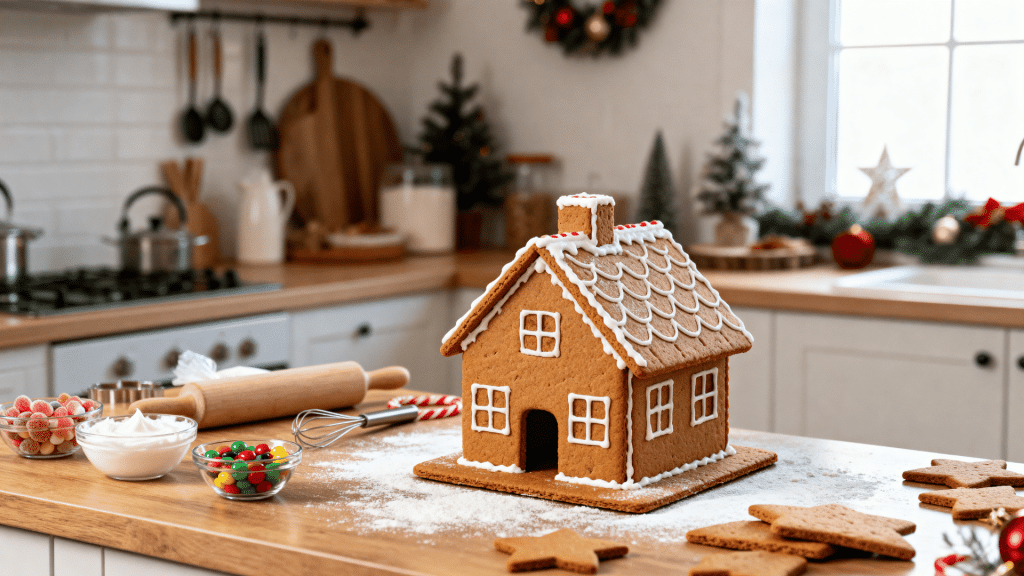 homemade diy gingerbread house on a warm kitchen counter with icing candy baking tools and festive decor nearby