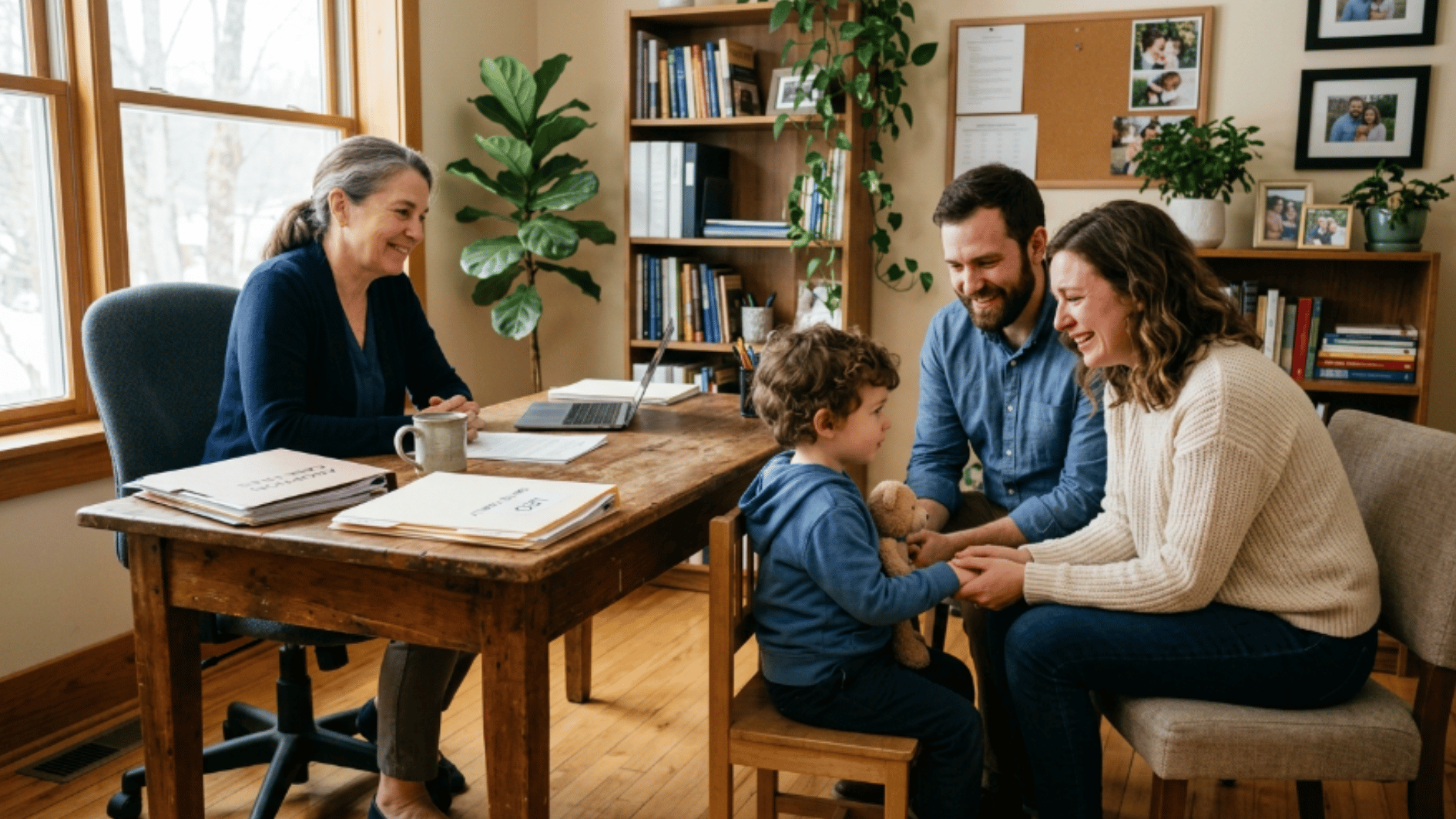 hopeful parents meeting a young child for the first time in an adoption agency office with an ngo caseworker