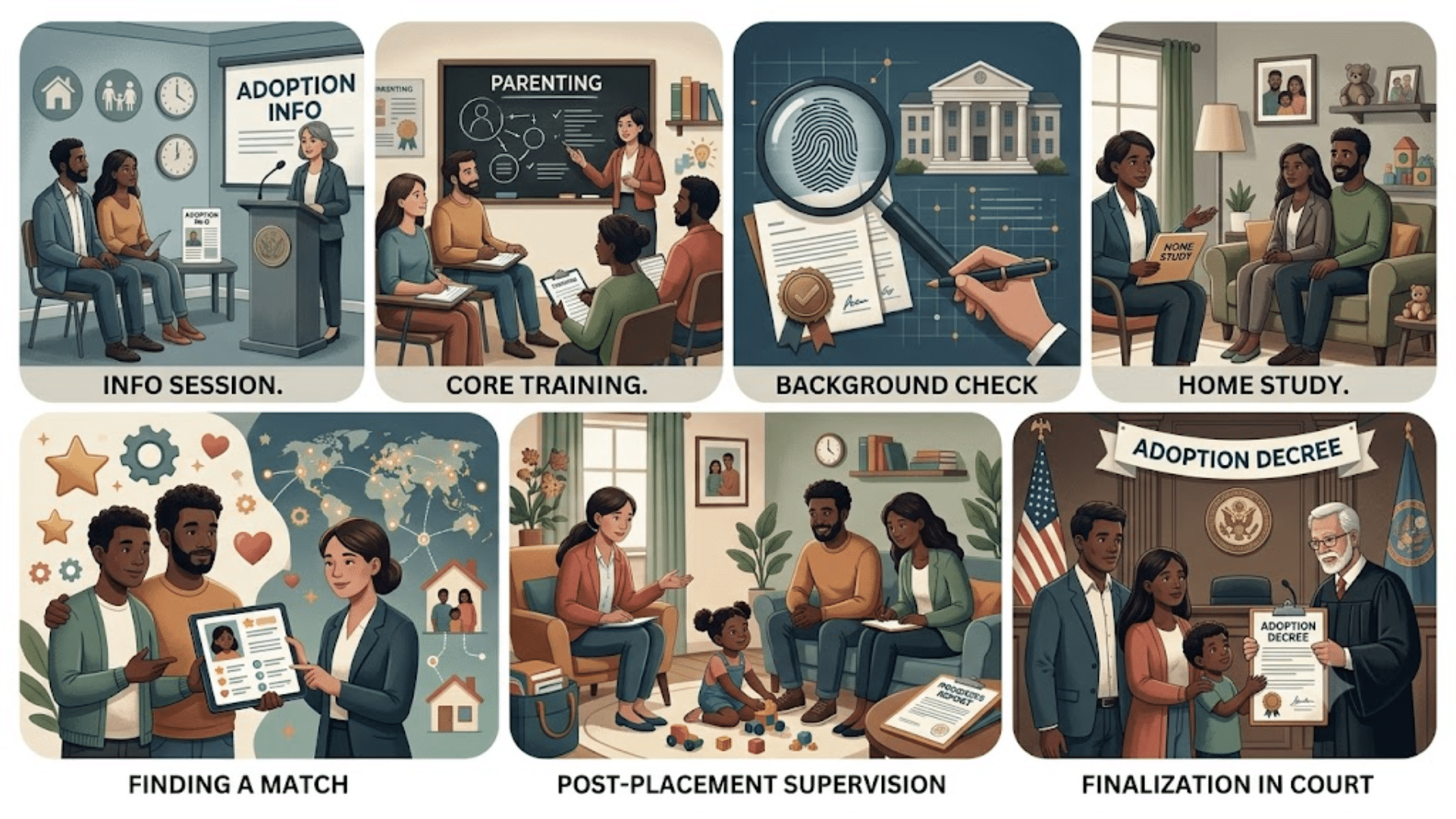 illustrated adoption process from information sessions and training to home study and court approval