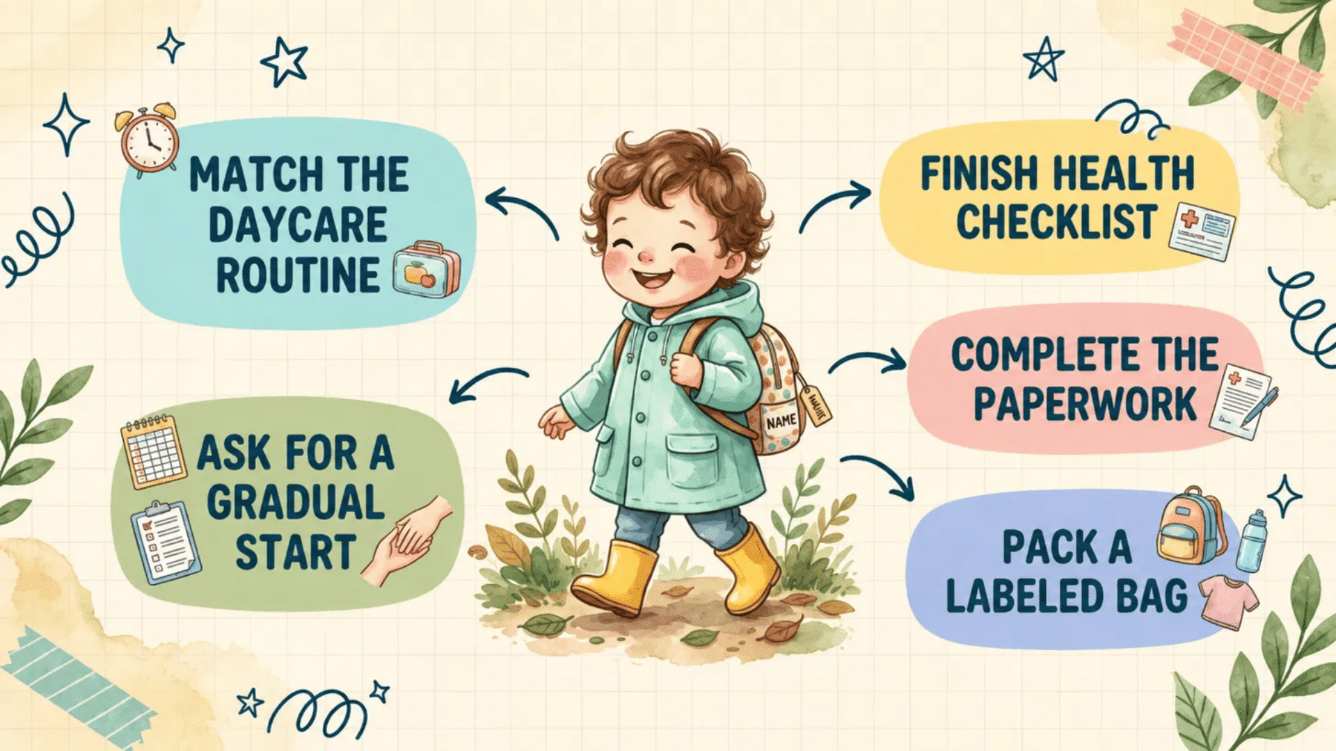 illustrated child in raincoat with backpack surrounded by daycare prep tips like packing a bag and health checklist