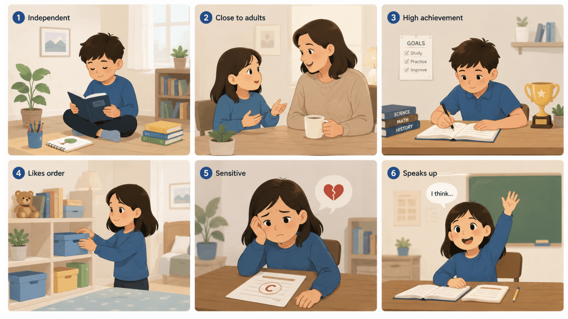 illustrated collage showing six common only child traits in everyday home school and family settings
