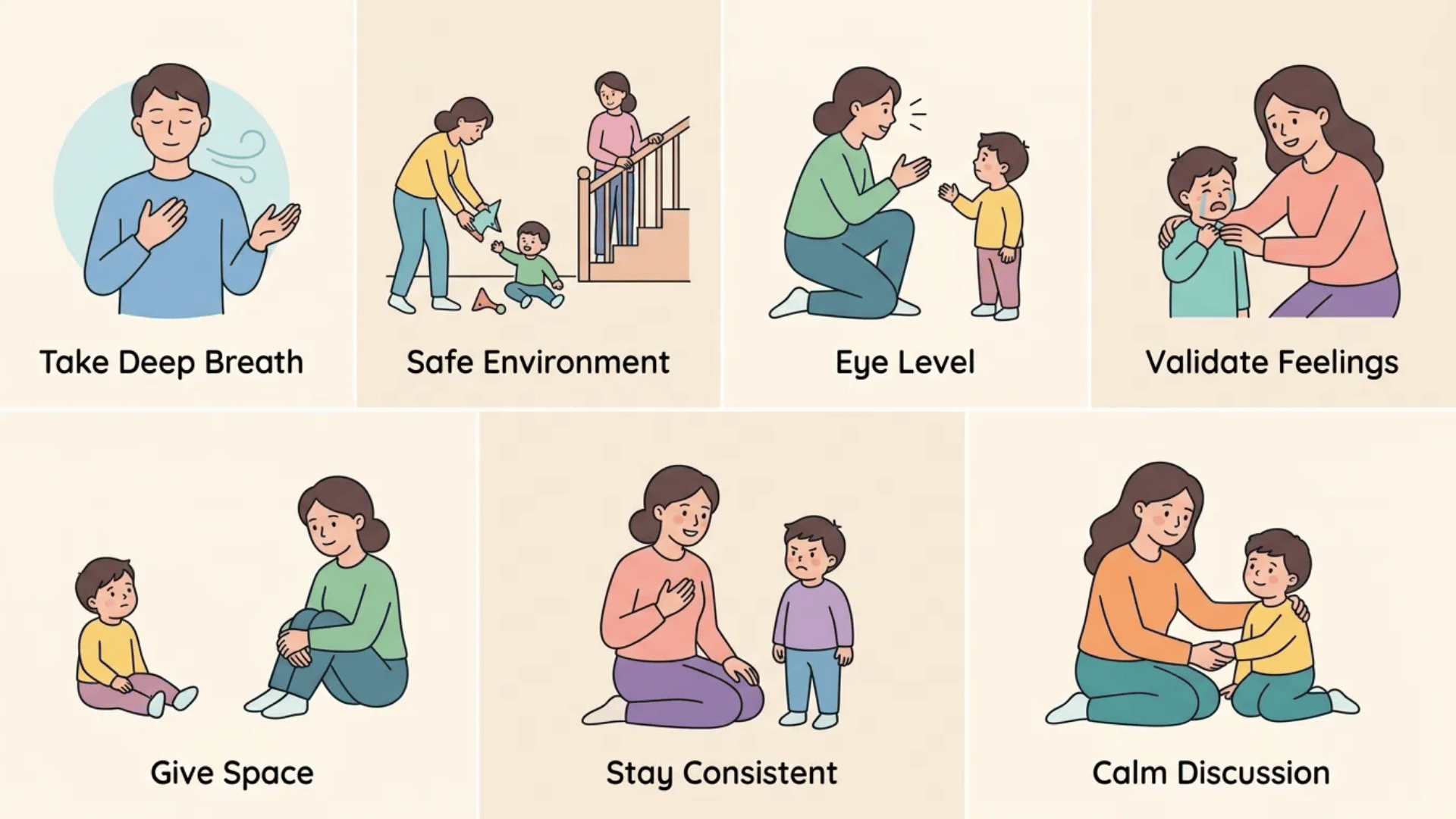 illustrated tips for calming toddler tantrums in everyday parenting moments