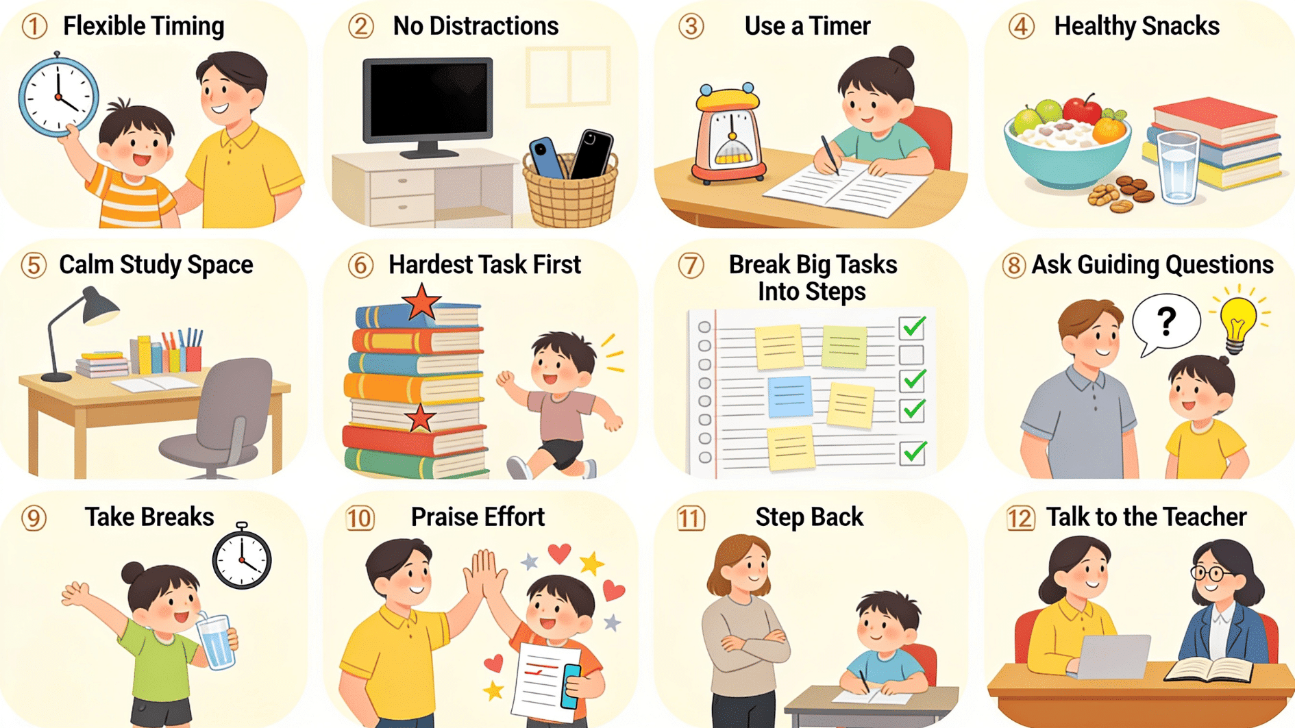 illustration of all the methods of homework, twelve collage images of a kid doing hw