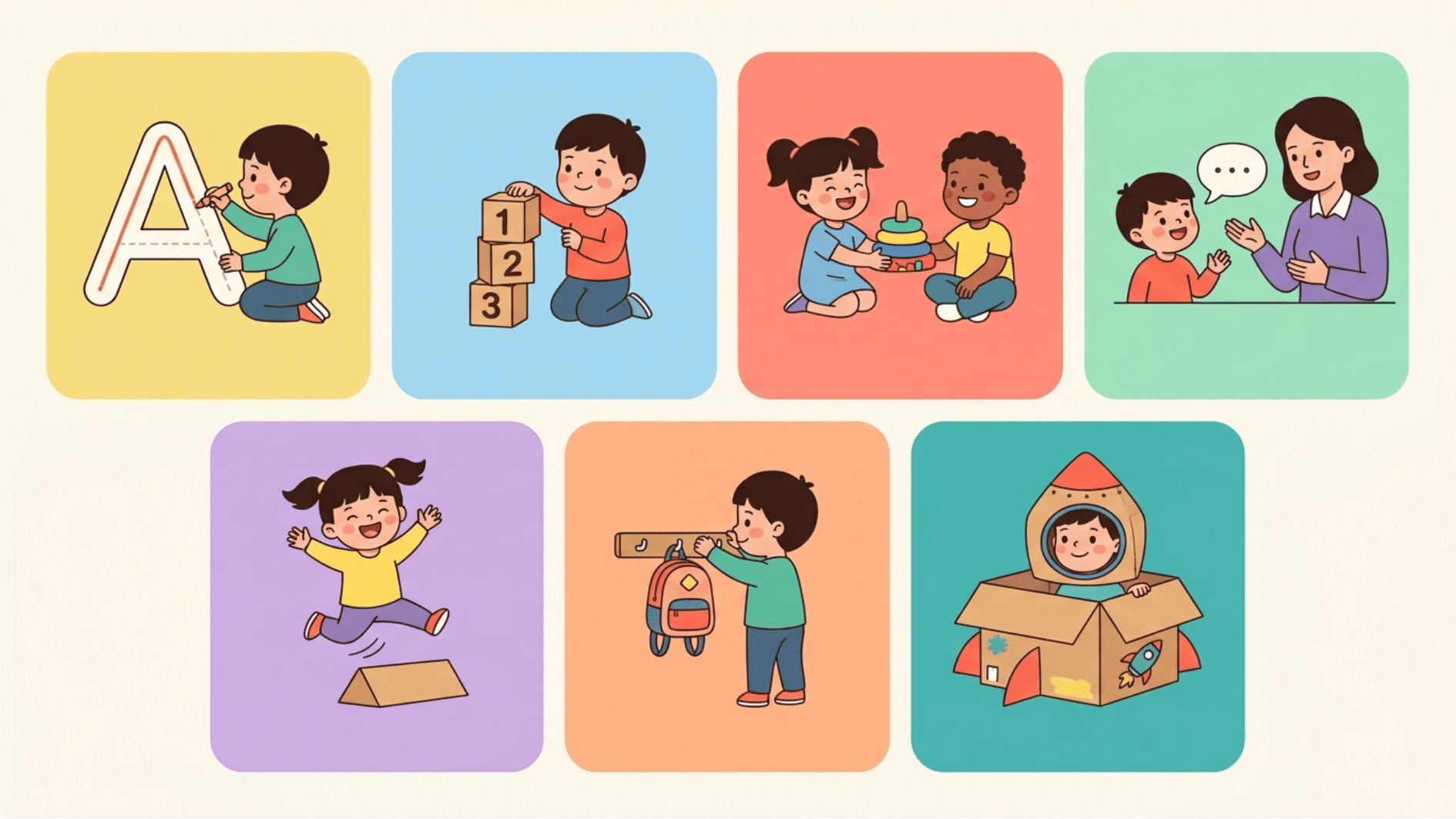 illustration of seven preschool skills including reading math social play movement and creativity