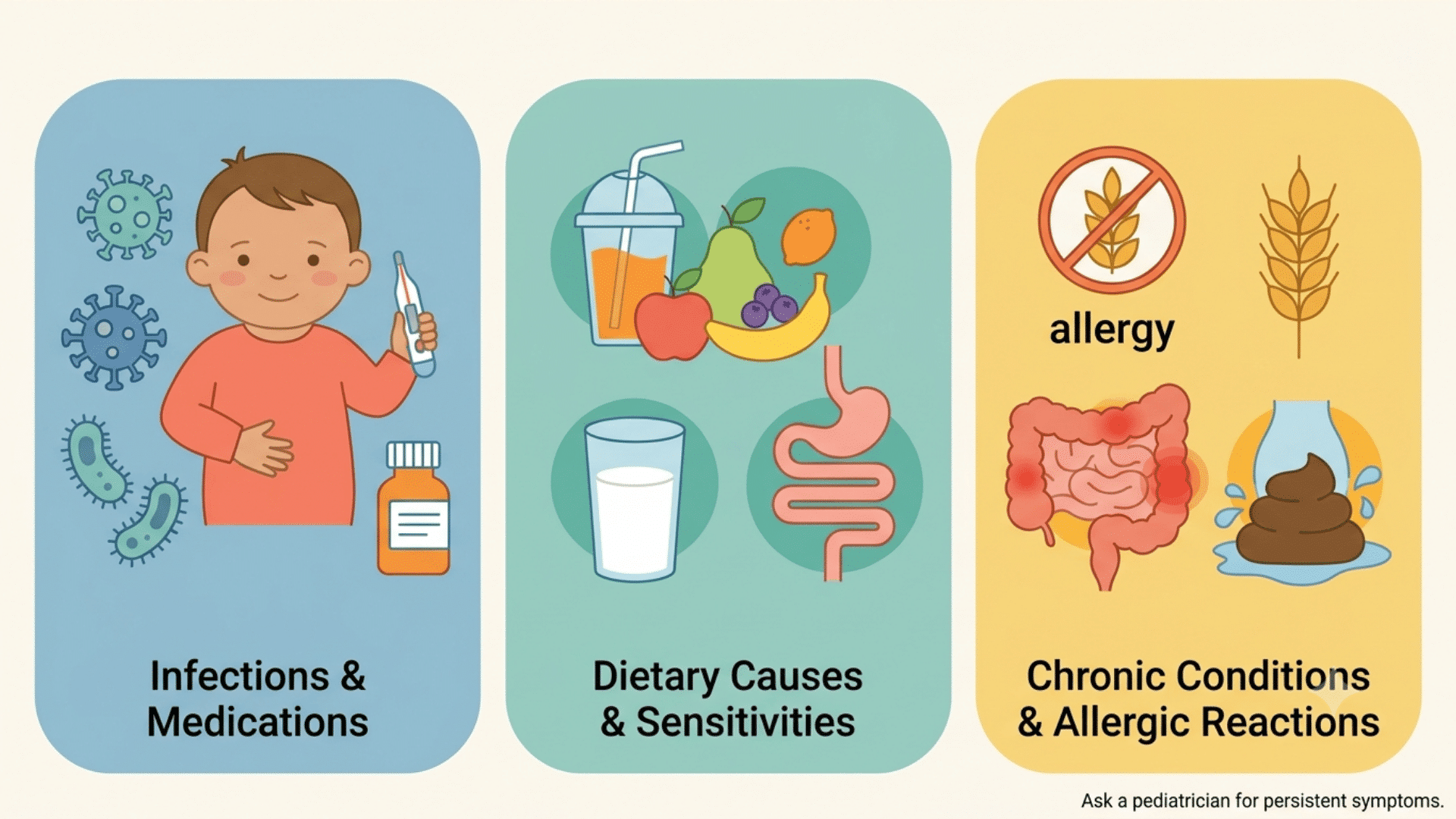illustration showing infections, medicines, dietary sensitivities, allergies, and chronic causes of toddler diarrhea
