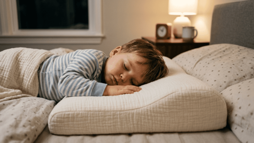 image of a 2yo toddler sleeping calmly on a pillow on bed image showing side profile of the pillow and toddler