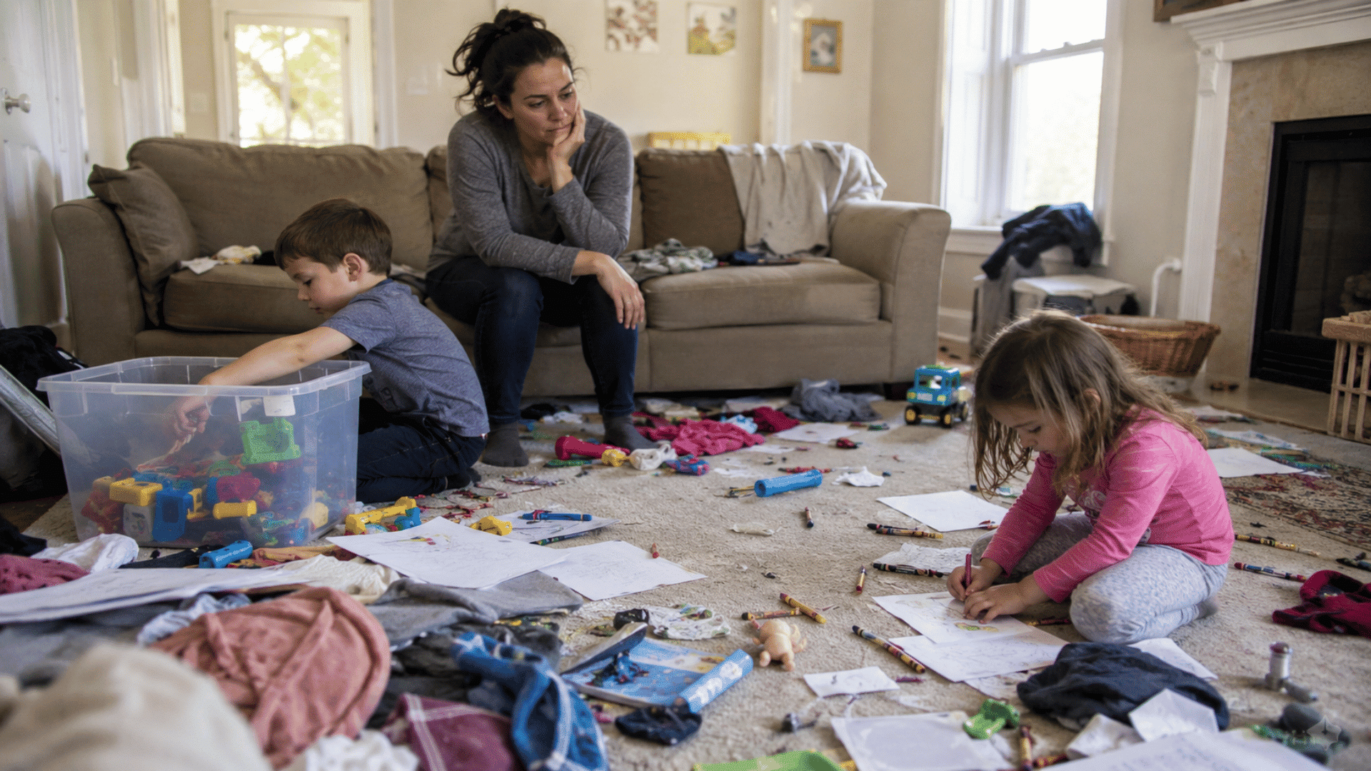 image of a mother watching her son and daughter in house both children playing on a messed up floor