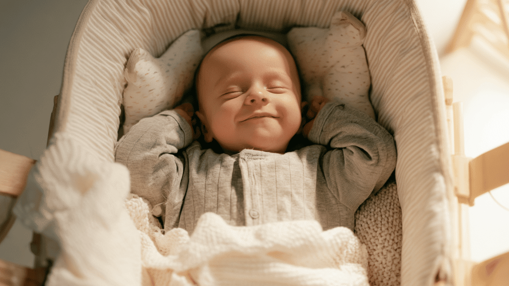 image of a smiling cute baby sleeping in a bassinet from upward angle camera shot