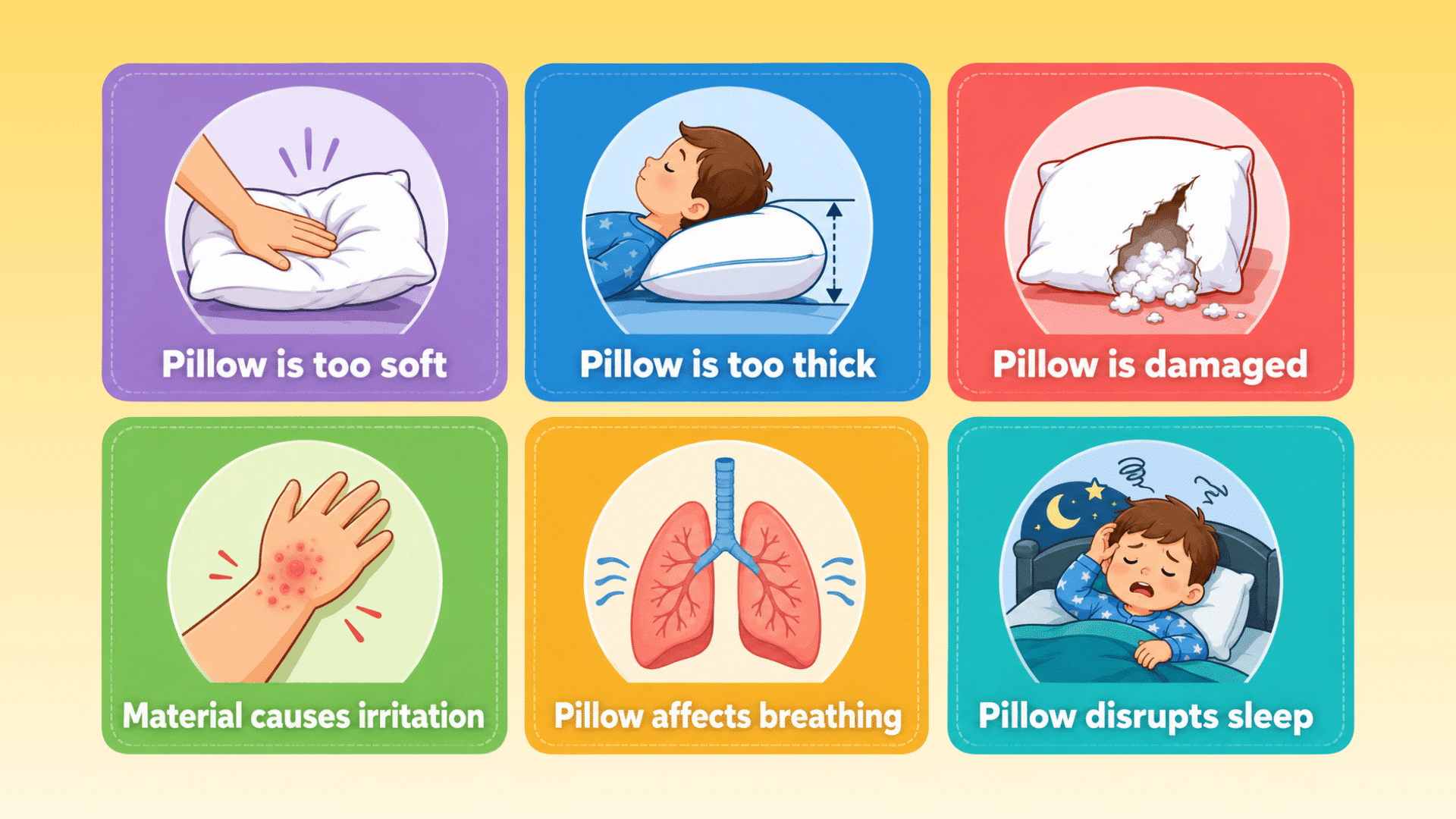 infographic image showing different pillow label and care problems child can have while using pillows