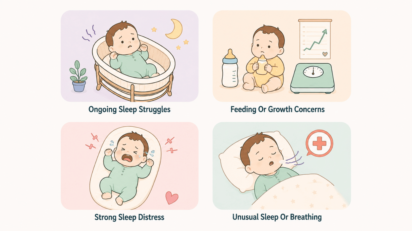 infographic showing four icons illustrating signs indicating when to visit a doctor for baby bassinet sleep issues