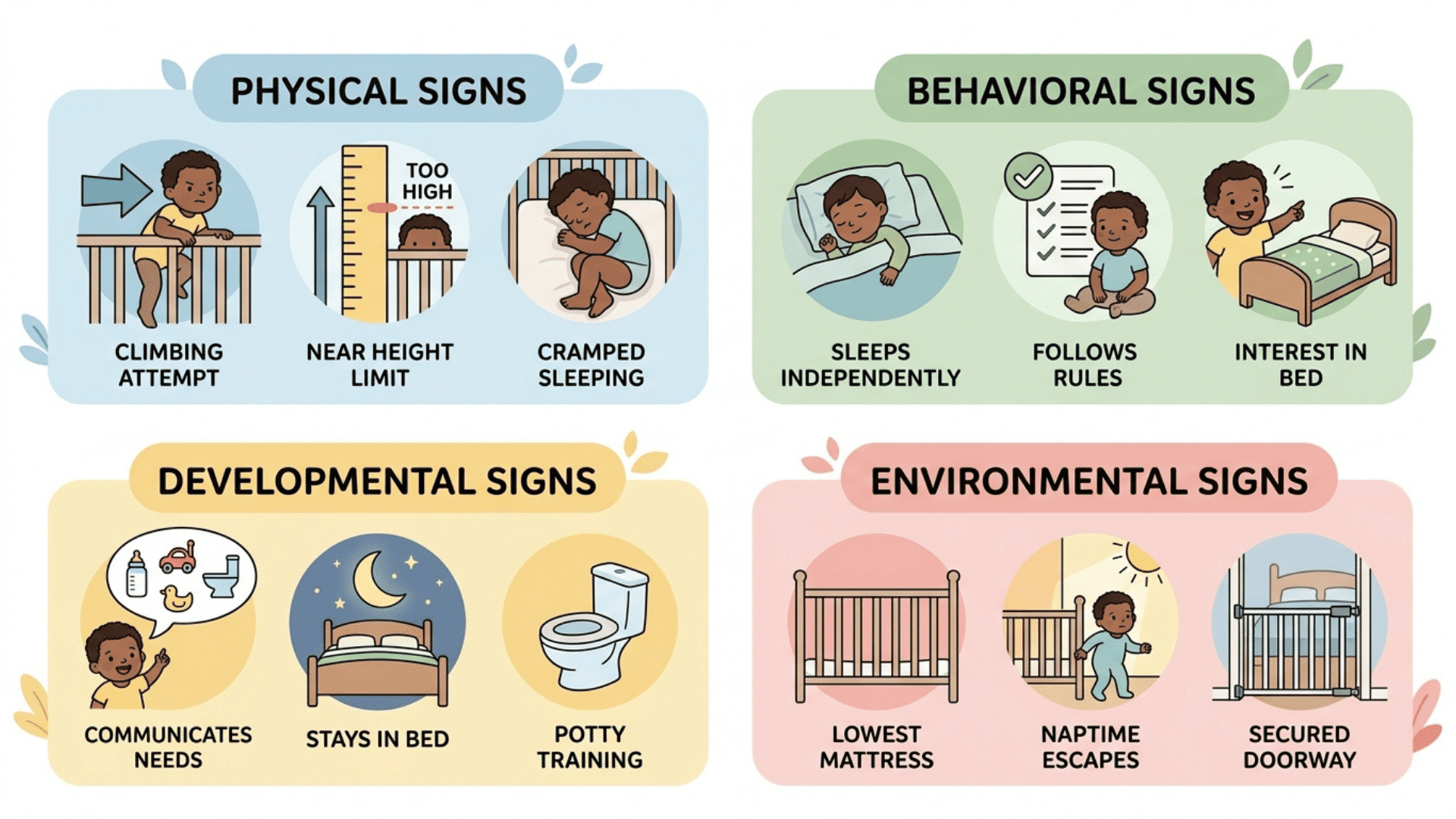 infographic showing physical behavioral developmental and environmental signs that a toddler is ready for a bed