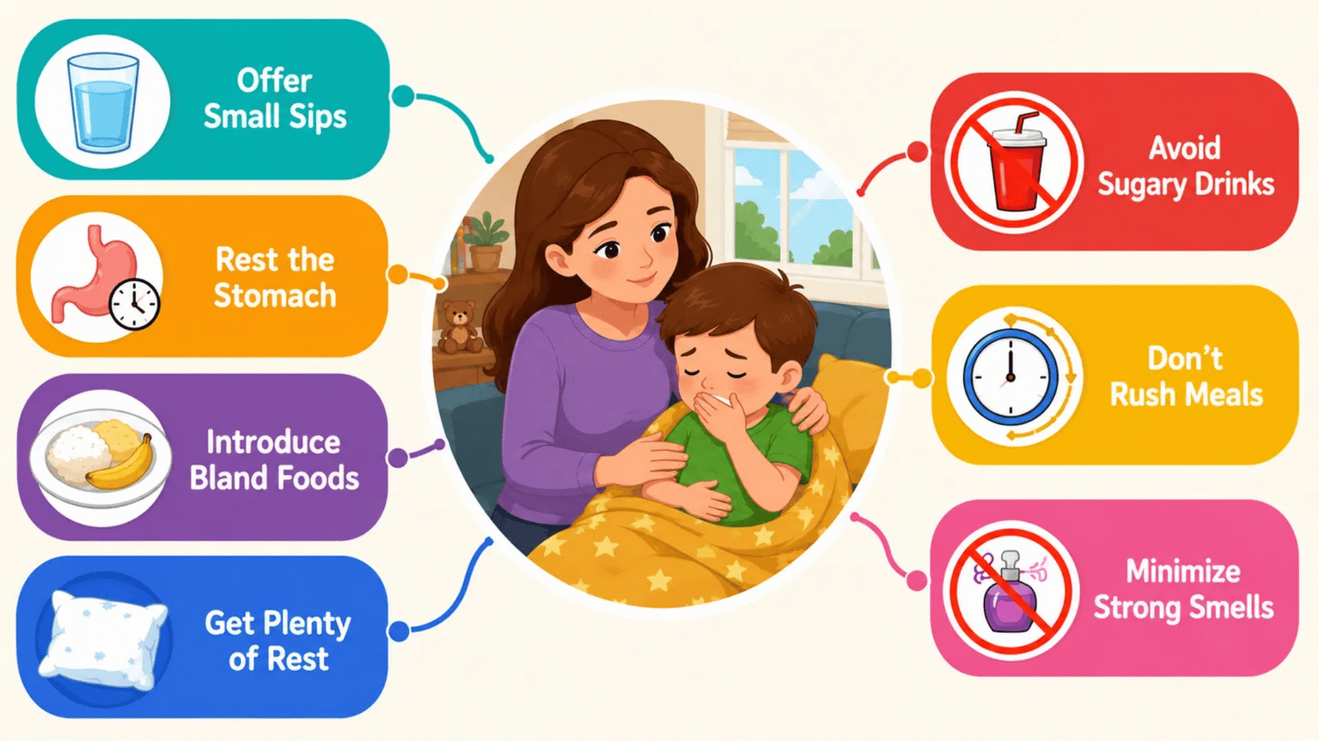 infographic showing seven care steps for a child who is vomiting, with a mother comforting her child in the center