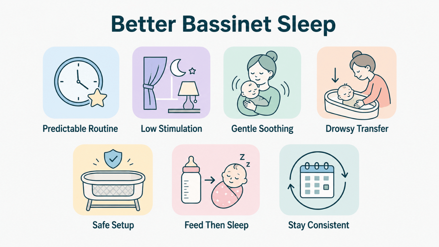 infographic showing seven icons for monitoring baby sleep in a bassinet and soothing techniques