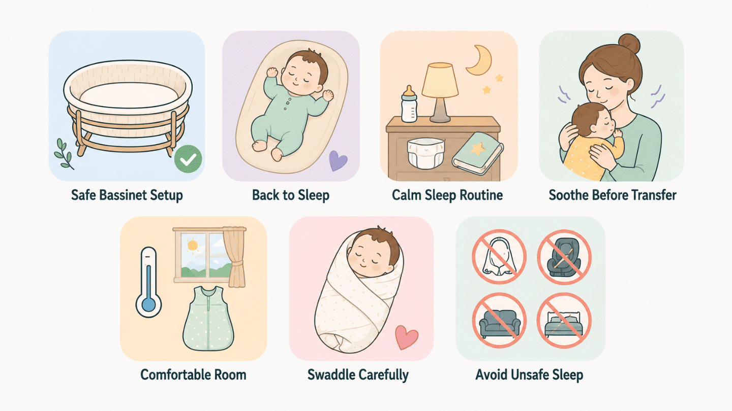 infographic showing seven icons illustrating step by step baby bassinet sleep routine in simple flat style