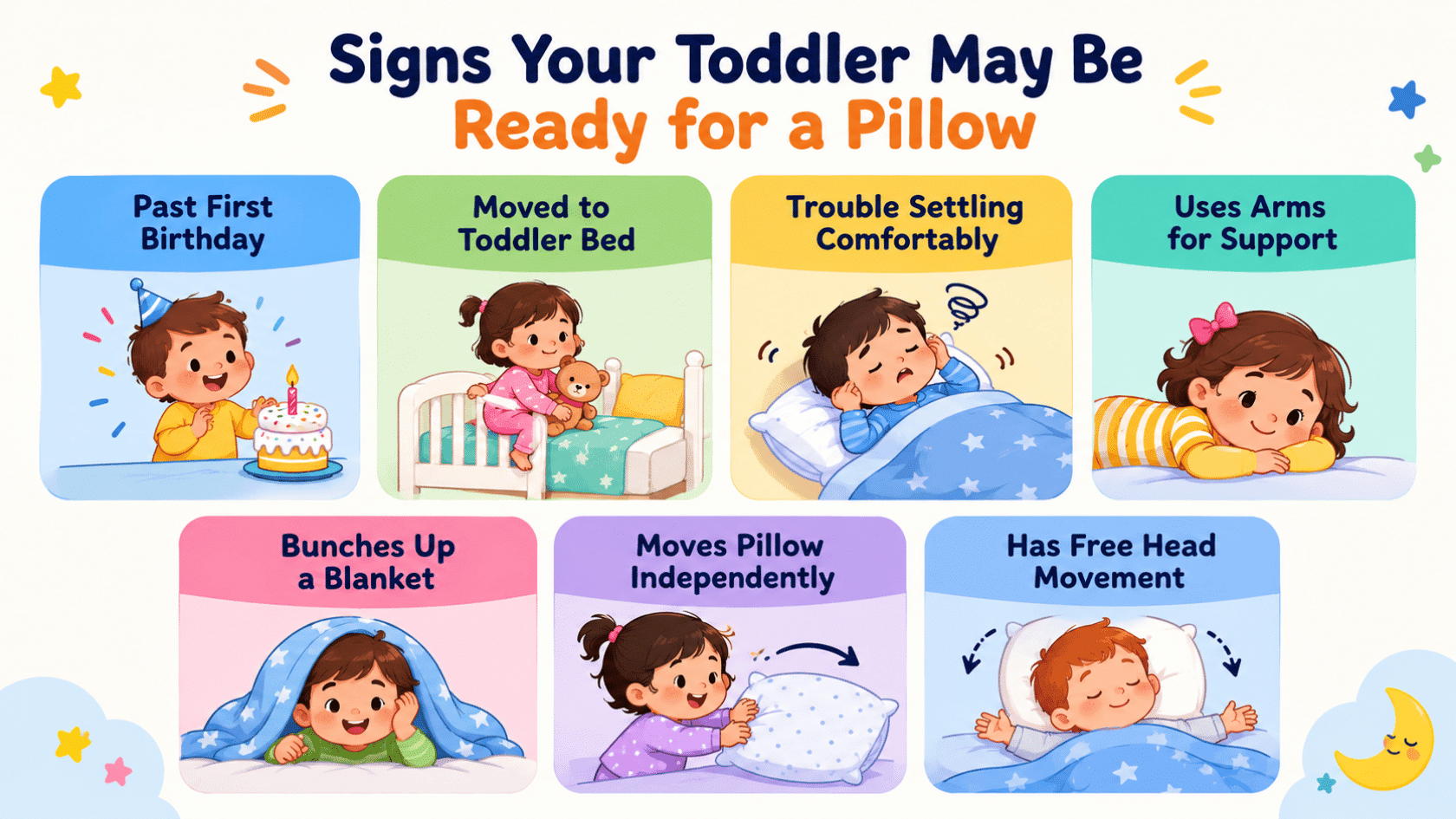 infographic showing seven signs a toddler may be ready for a pillow with simple sleep and comfort icons inside