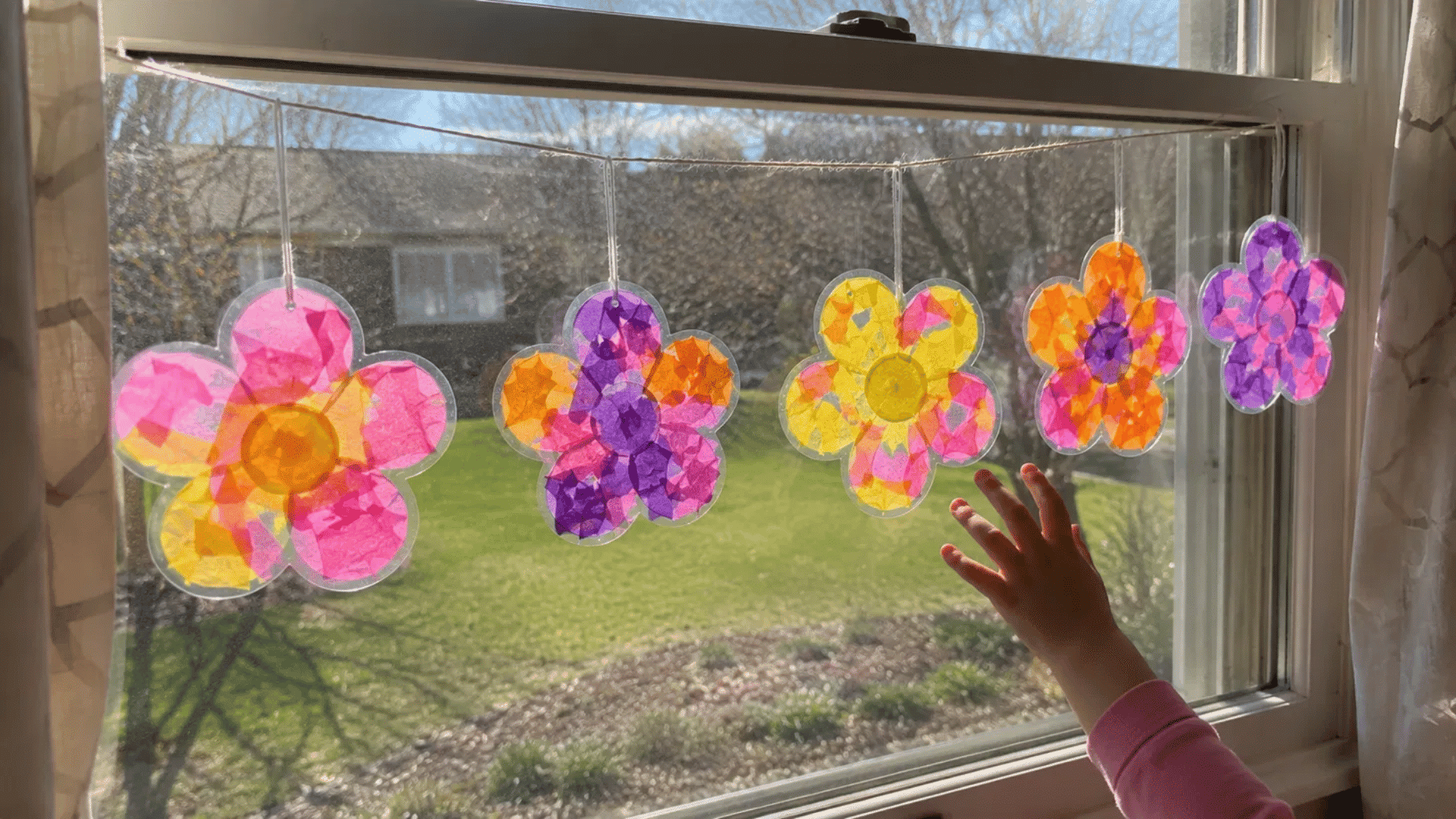 kids tissue paper sun catcher flowers hanging on window with sunlight glowing through in american home