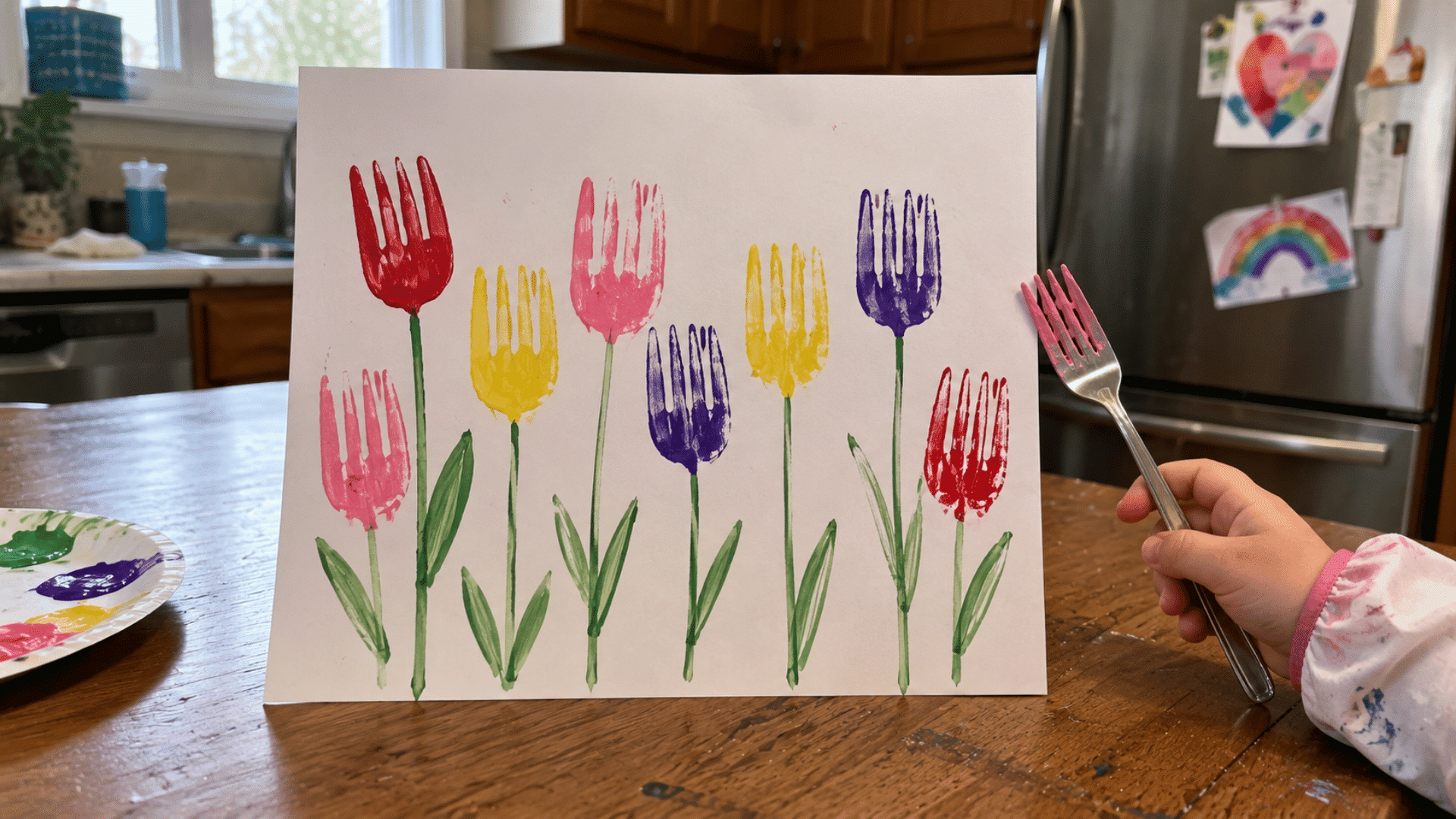 kids tulip fork painting with colorful fork stamped flowers and green stems in home kitchen