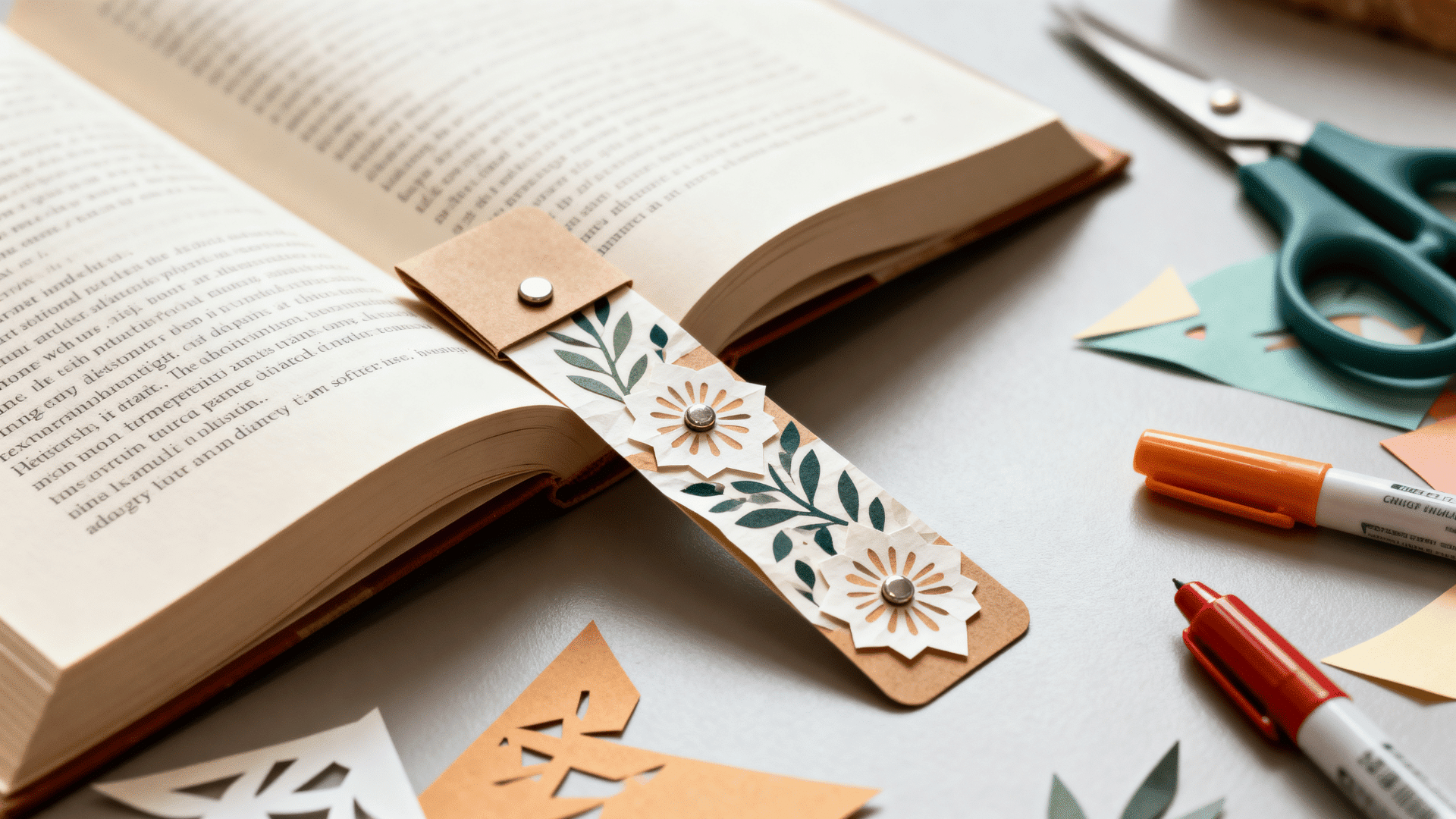 magnetic bookmark attached to an open book page with decorative paper design and craft supplies nearby