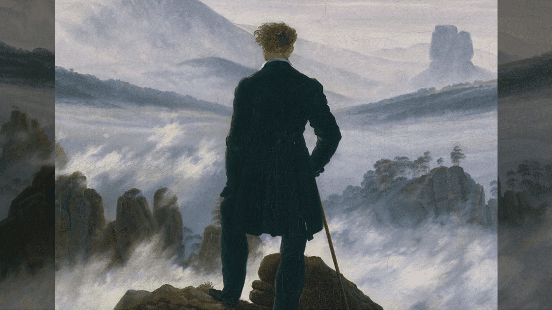 man standing on rocky cliff overlooking fog-filled mountain landscape in classical painting style (1)