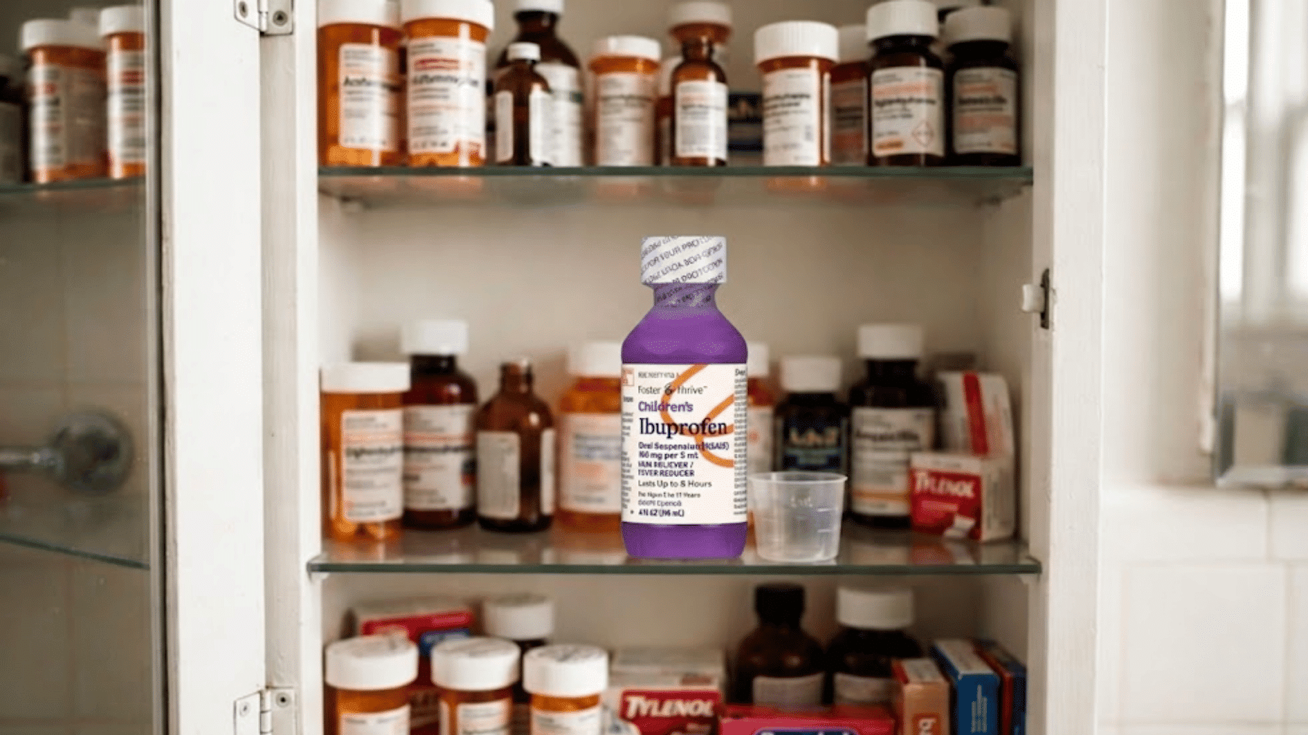 medicine cabinet with highlighted children's ibuprofen bottle among other medications on shelves