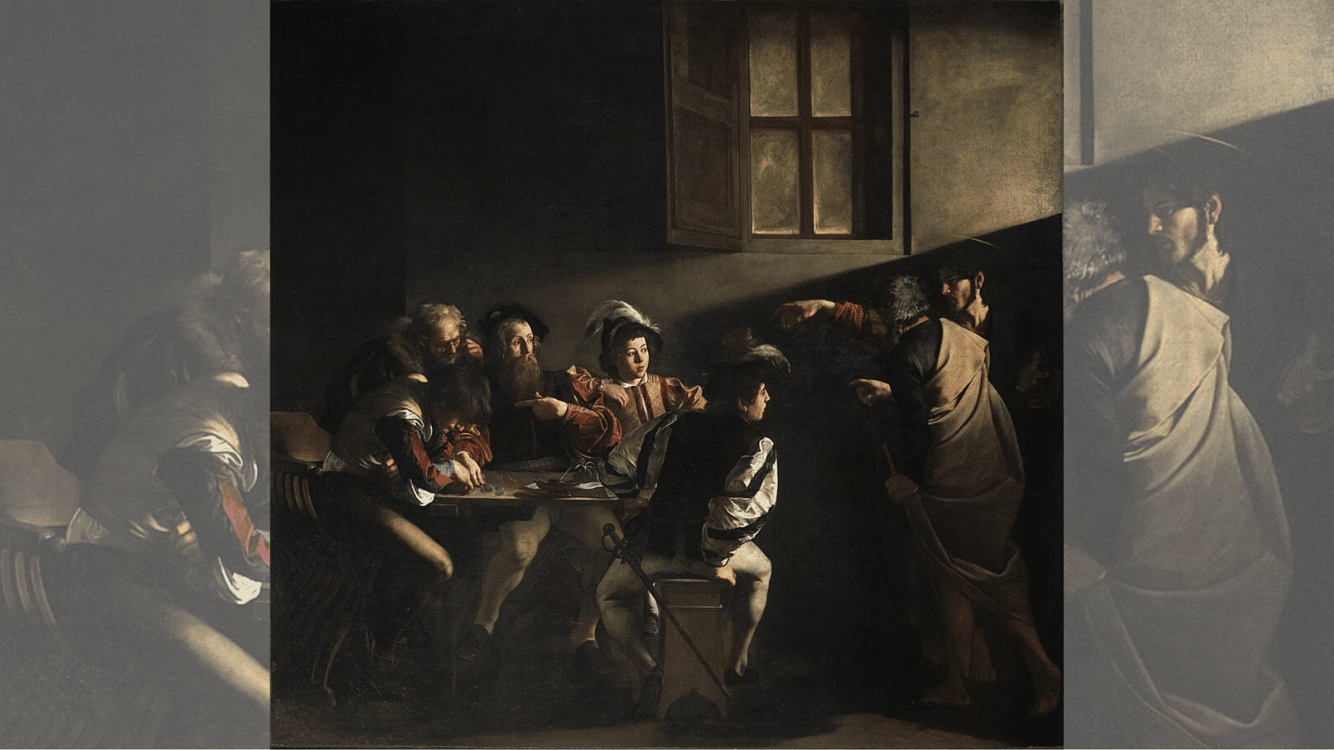 men seated at table in dim room as one man points toward others under light from window