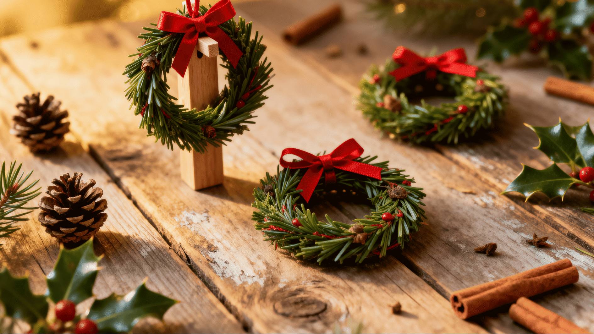 mini christmas wreaths with red bows arranged on rustic wooden table with pine cones holly and cinnamon sticks warm holiday decor