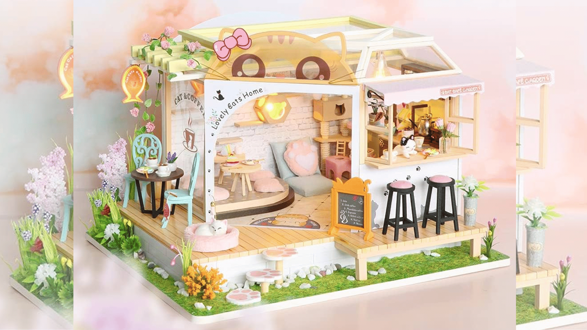 miniature dollhouse cafe model with detailed rooms furniture plants and outdoor seating setup