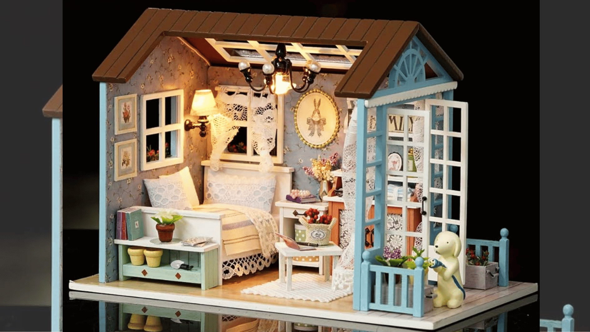 miniature dollhouse room with detailed furniture decor and cozy bedroom interior setup