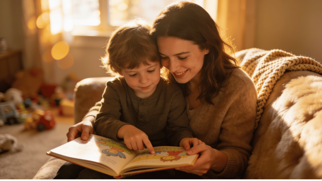 mother and child sharing a warm nurturing moment in a living room with soft natural ligh