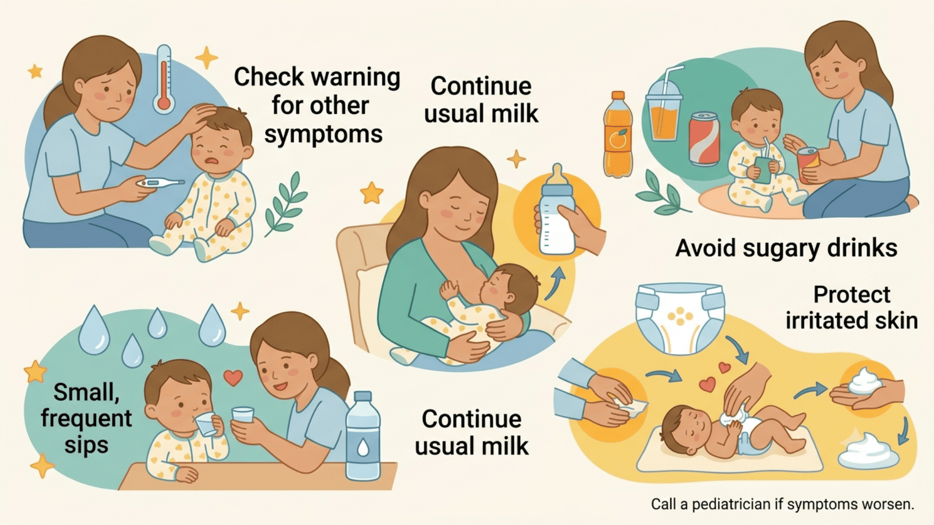 mother caring for a toddler with diarrhea using fluids, regular milk feeding, and gentle diaper skin protection