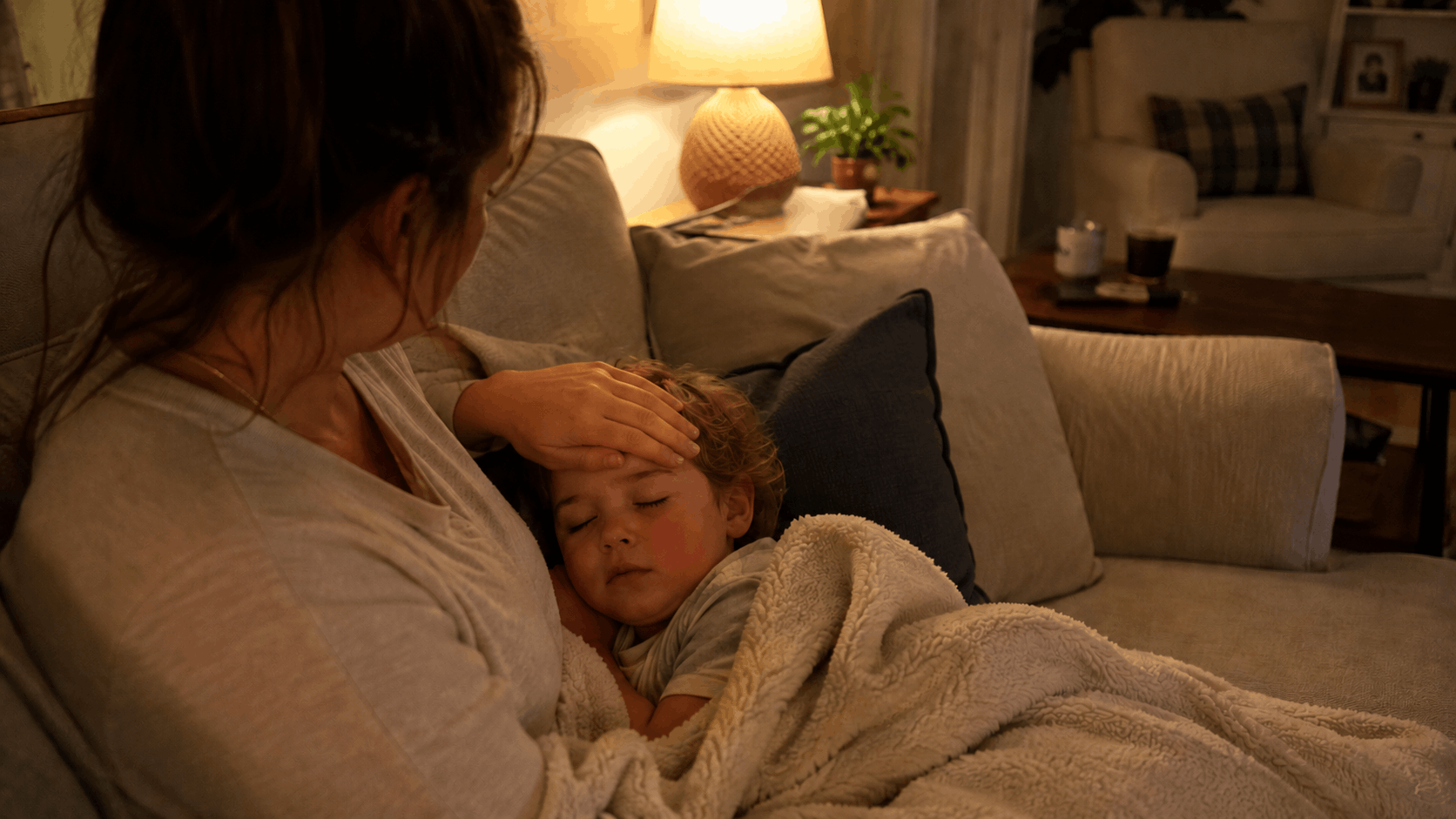mother checking her sleeping child's forehead for fever on the couch at night under a warm lamp
