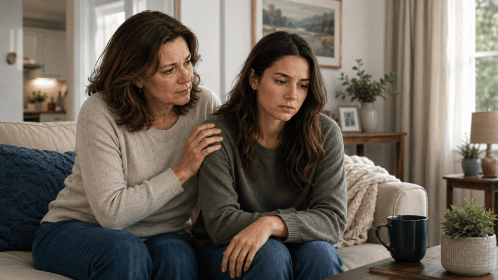 mother comforting a sad adult daughter sitting together on a sofa at home with concern and support