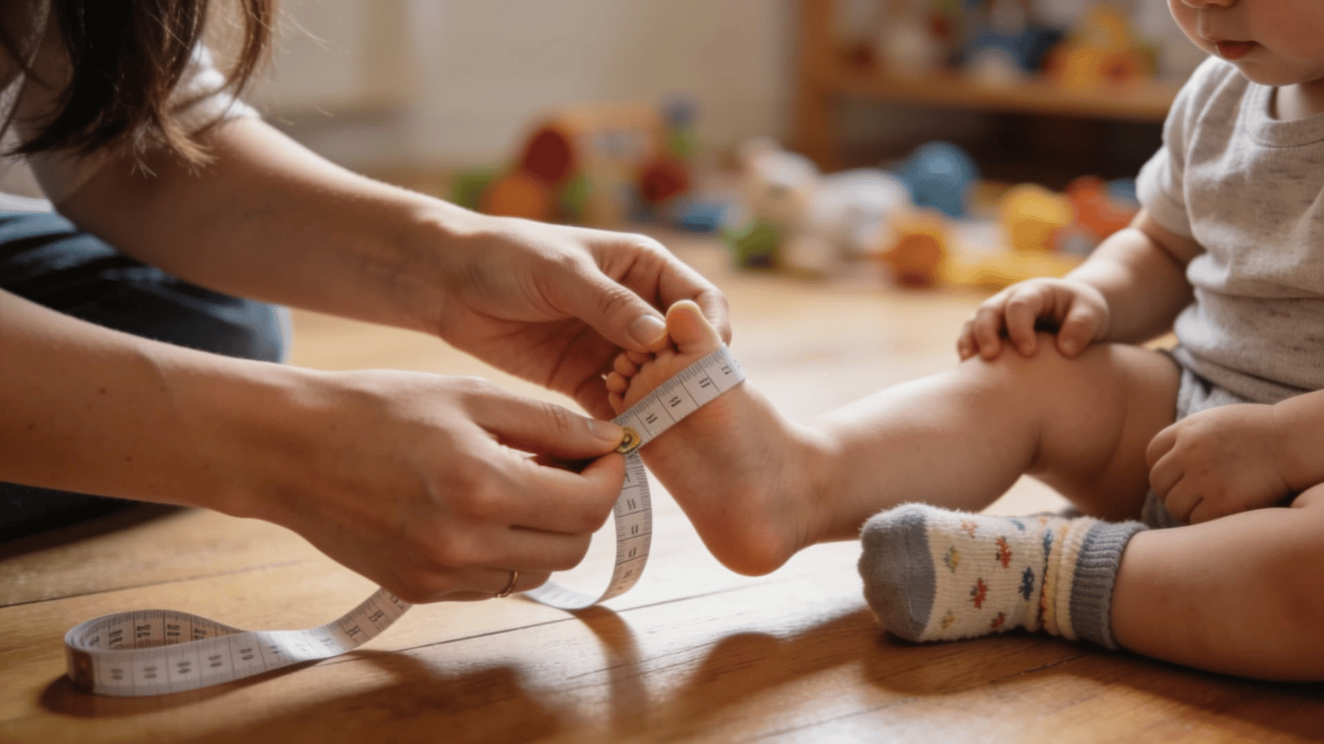 mother gently measuring toddler's bare foot with a tape measure on a sunlit wooden floor at home