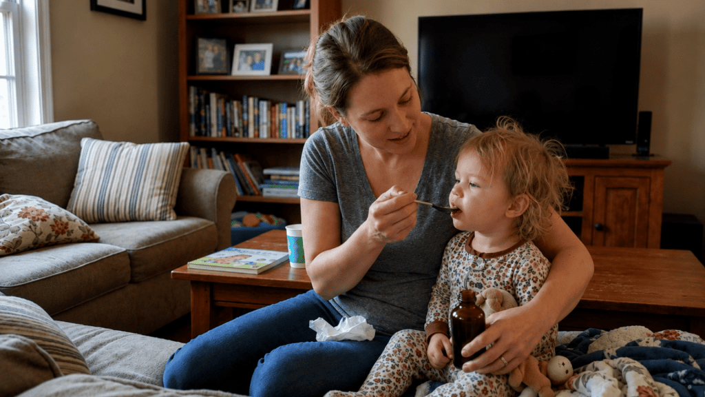 mother giving liquid medicine to her toddler with a syringe while holding a bottle in a living room