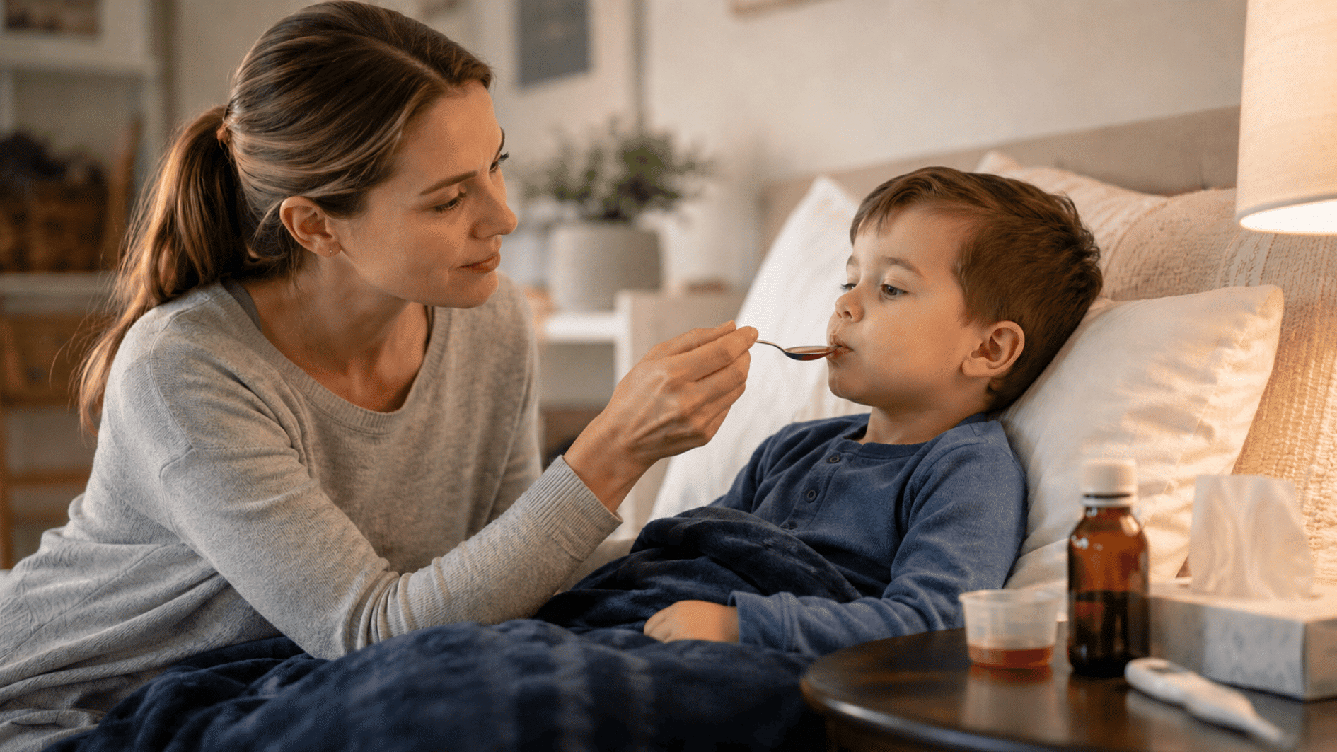 mother giving medicine to a sick child resting in bed with tissues and medicine bottle nearby at home