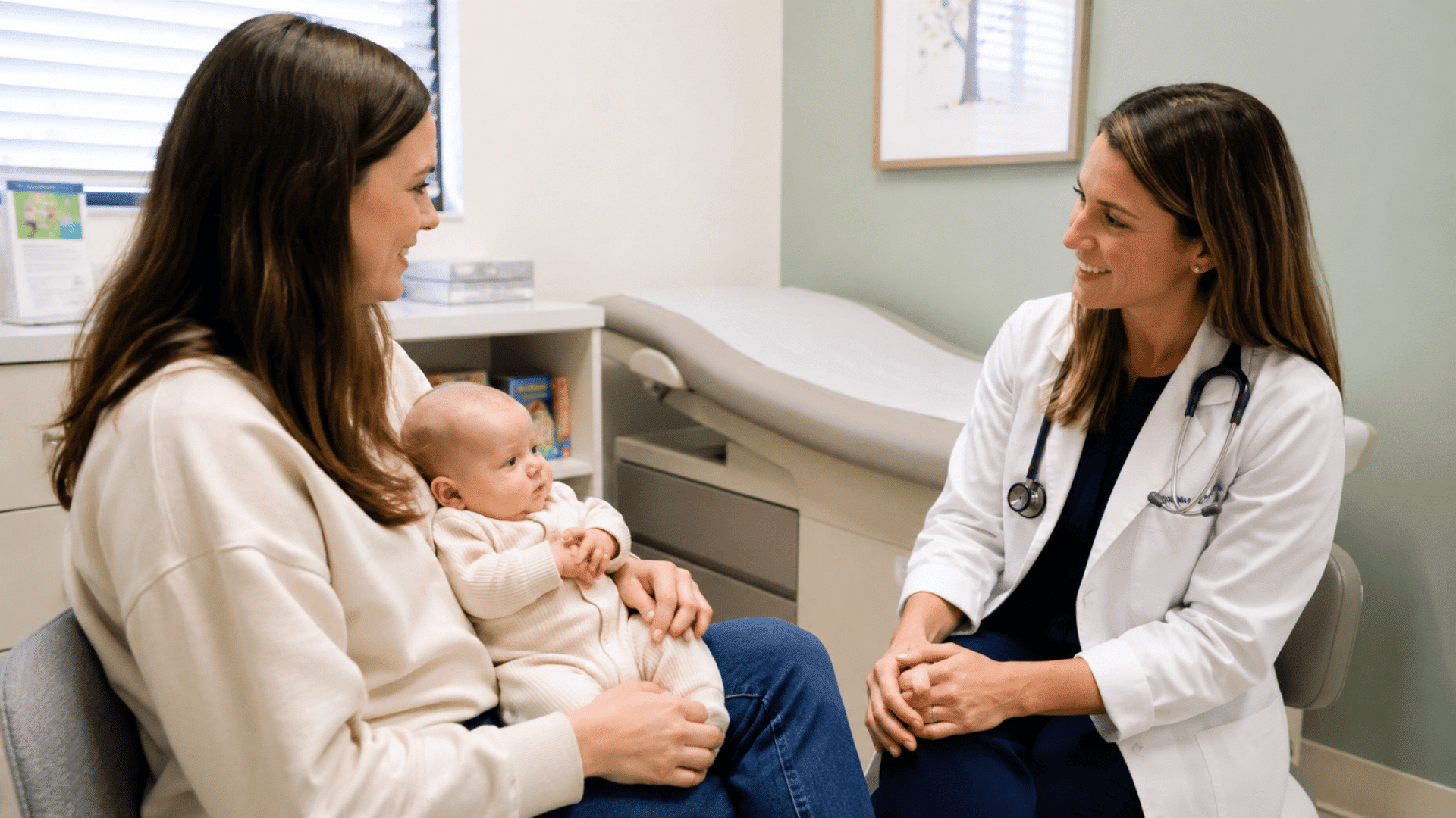 mother holding baby during a calm pediatrician visit, doctor smiling and listening attentively in a bright exam room