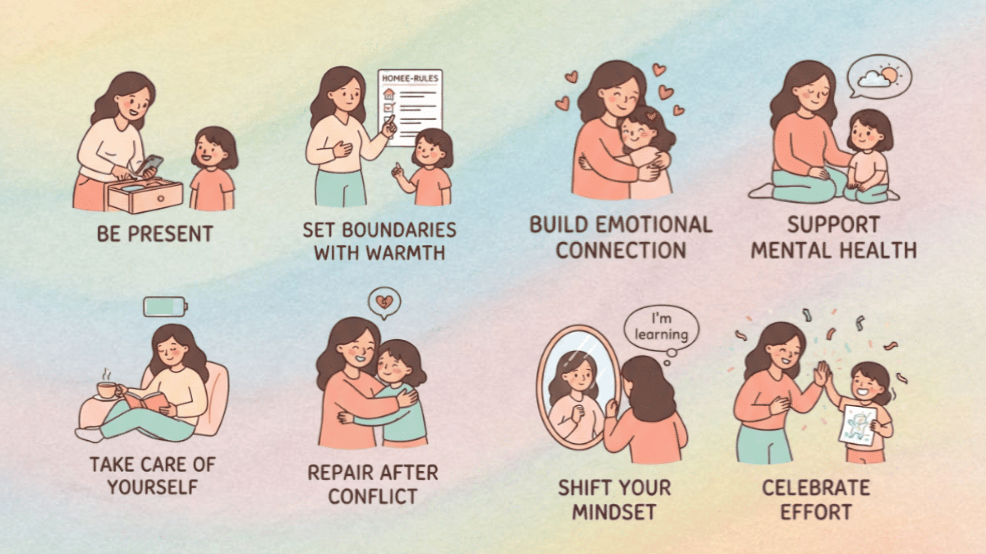 mother parenting infographic showing care, boundaries, emotional bonding, support, self care and growth moments