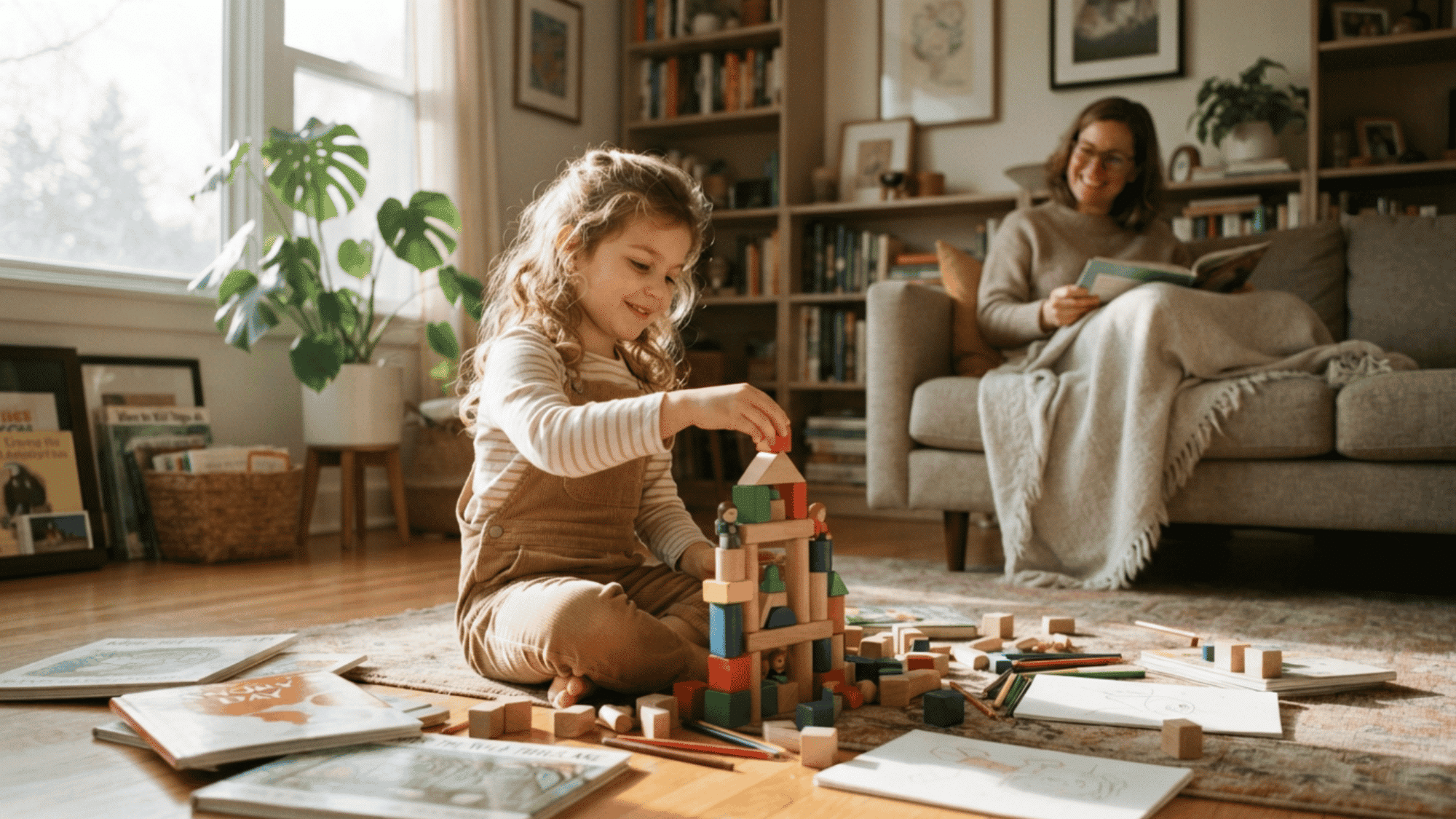 only child playing alone happily with blocks and books while a parent reads nearby in a cozy living room