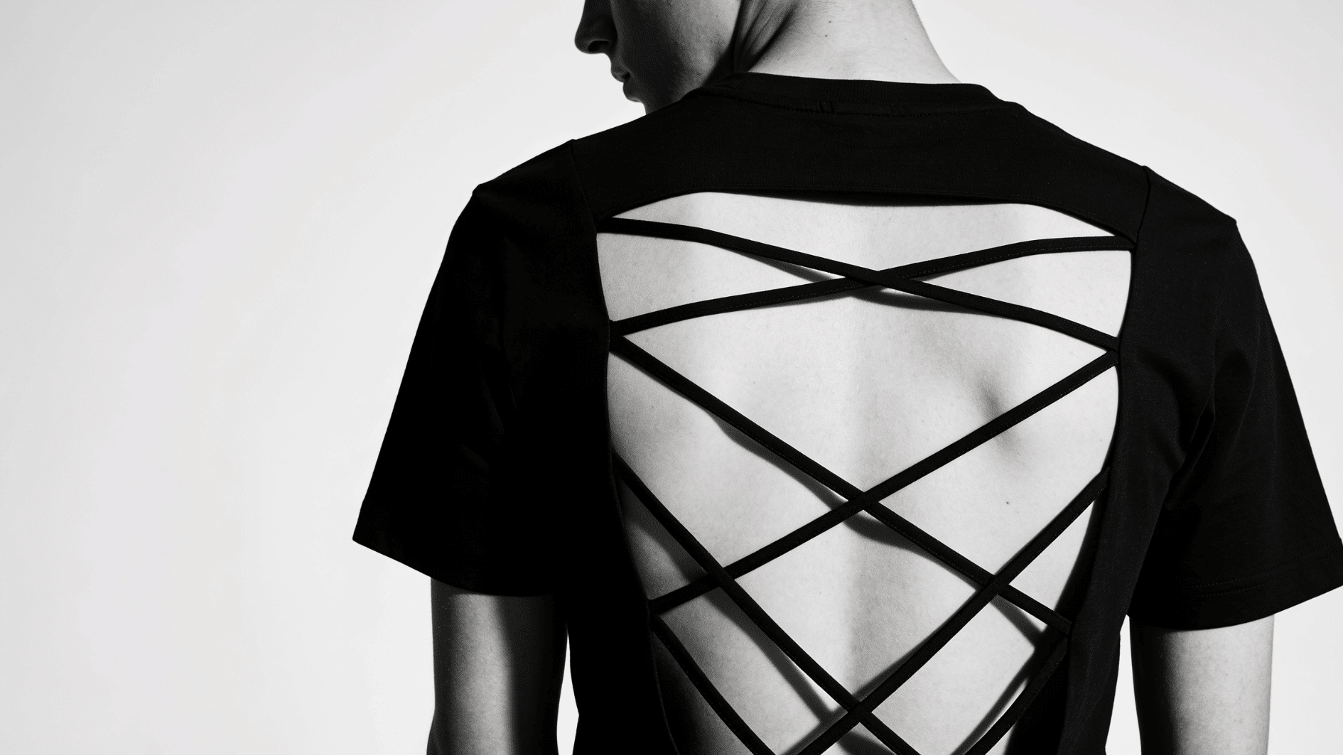 open back tshirt cut, with crisscross patterns, man wearing the patterned diy tshirt