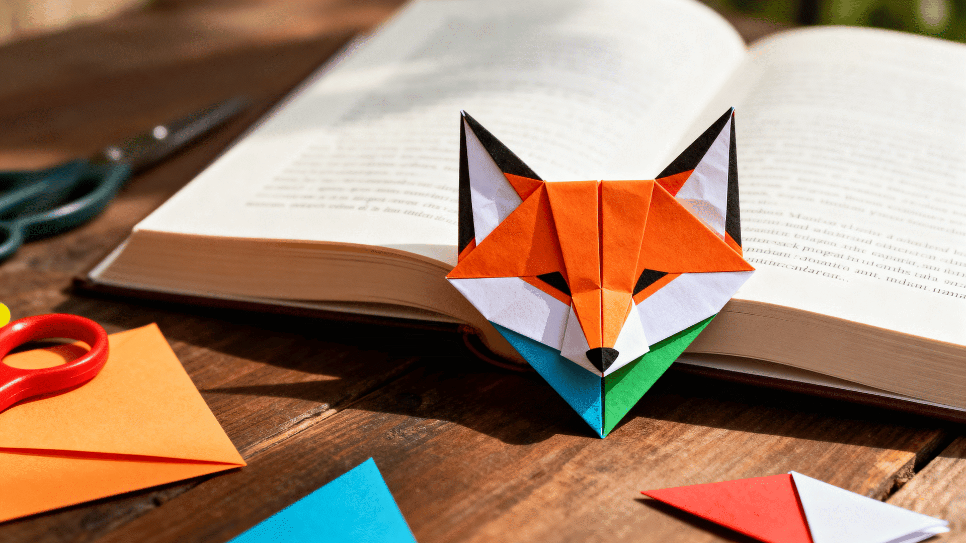 origami animal corner bookmark shaped like a fox with folded paper details placed on an open book page