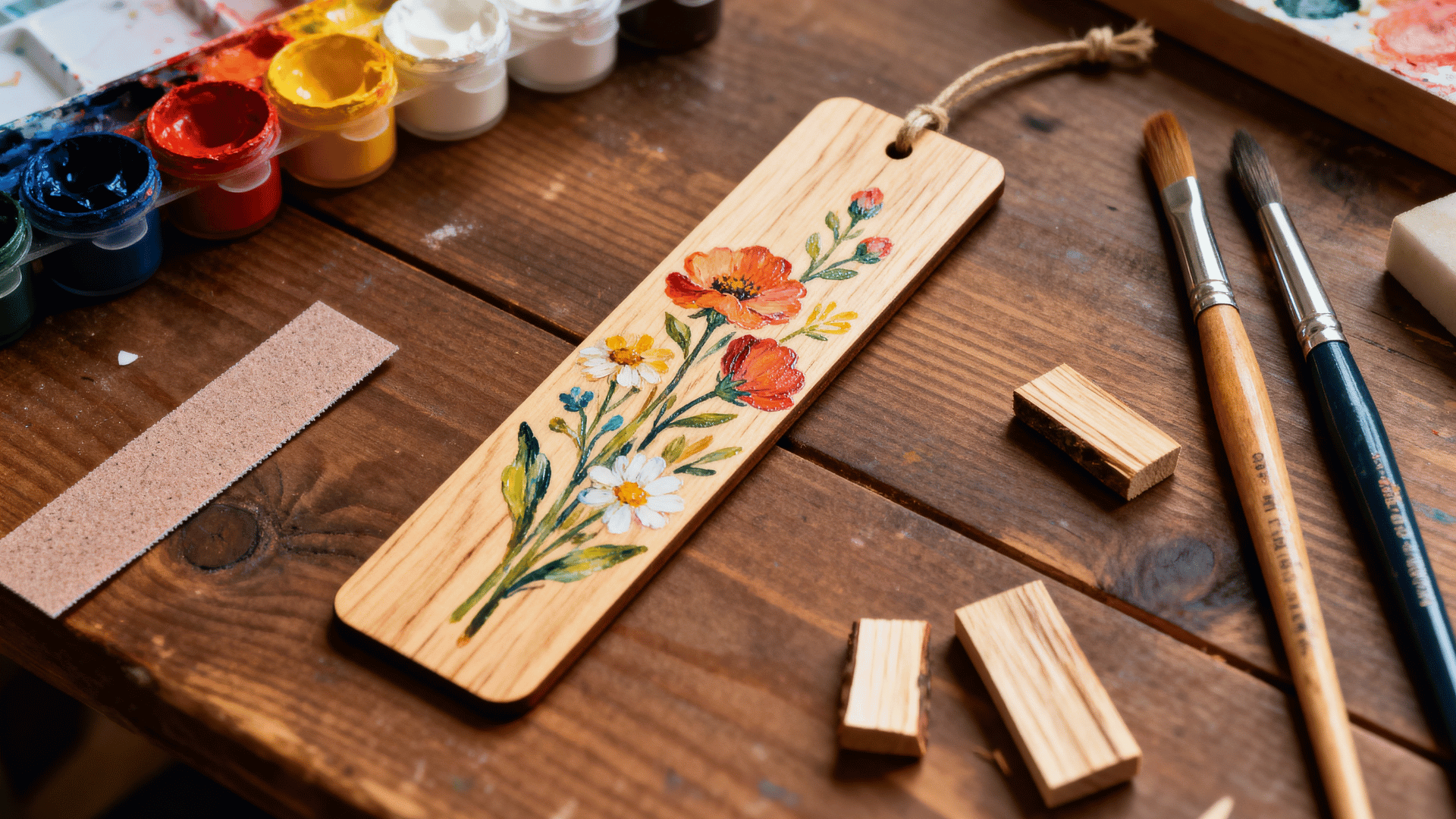 painted wooden bookmark with floral artwork and smooth wood texture placed beside brushes and acrylic paints